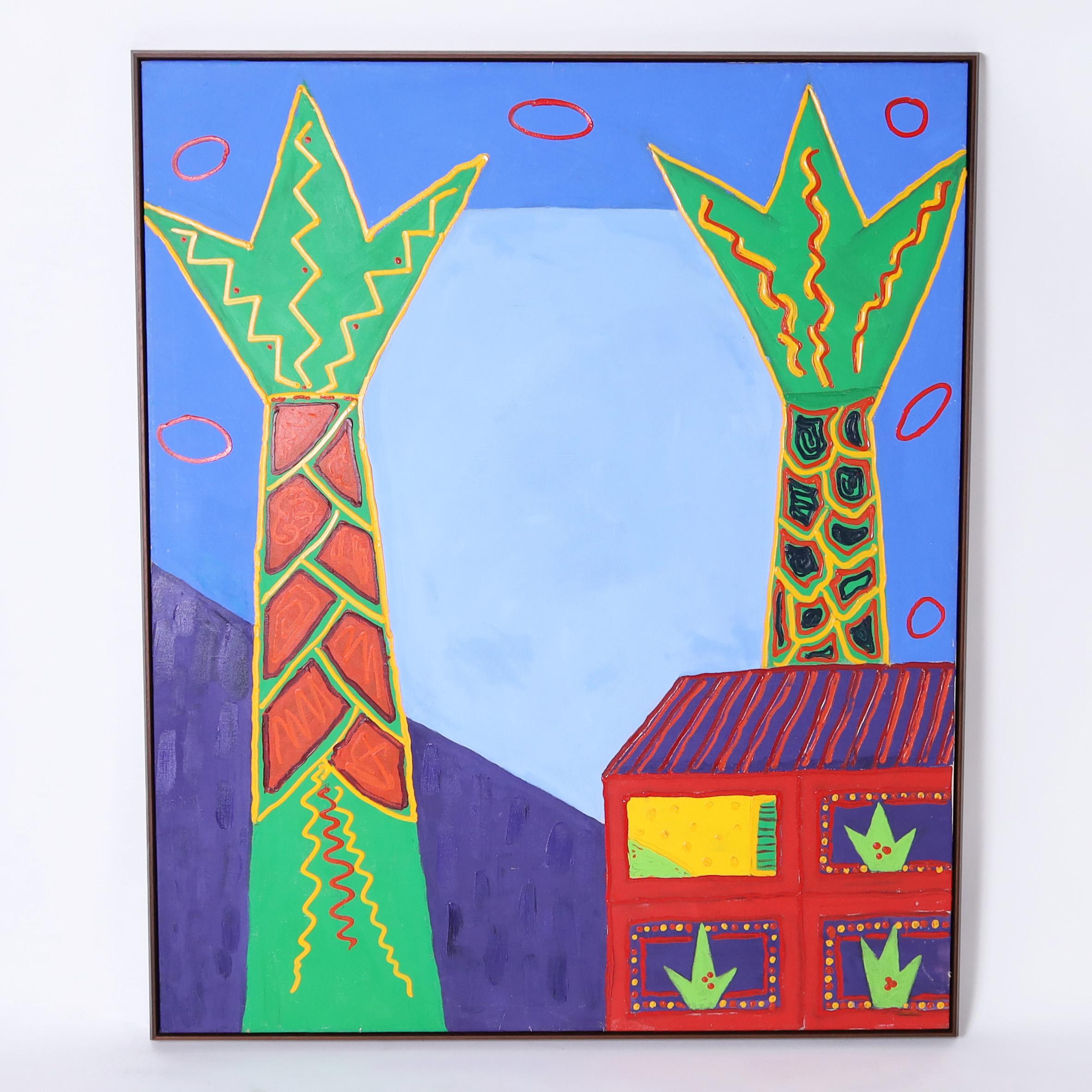 Striking acrylic painting on canvas of a house with palm trees executed in a bold modernist style with primary colors and a sense of exaggeration by Palm Beach artist Barbara Sturgill titled House with Blue Sky and presented in a wood frame. 