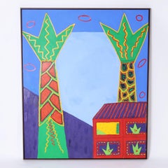 Large Modernist Painting of Palm Trees and a House by Barbara Sturgill