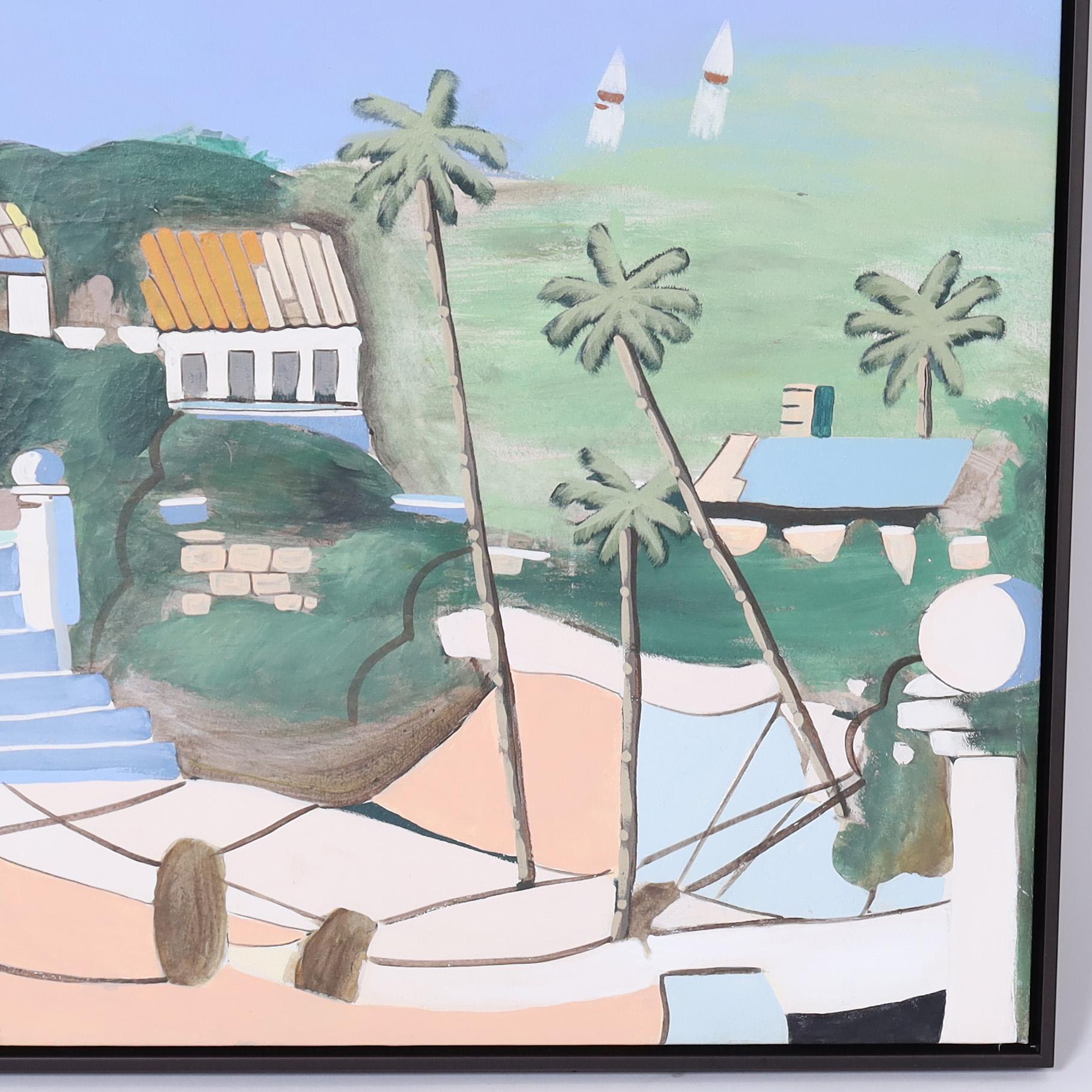 Beeindruckendes großes Acrylgemälde auf Leinwand von einem Haus am Strand mit Palmen, das in einem modernistischen, minimalistischen Stil ausgeführt und in einem schicken, schwebenden Holzrahmen präsentiert wird.