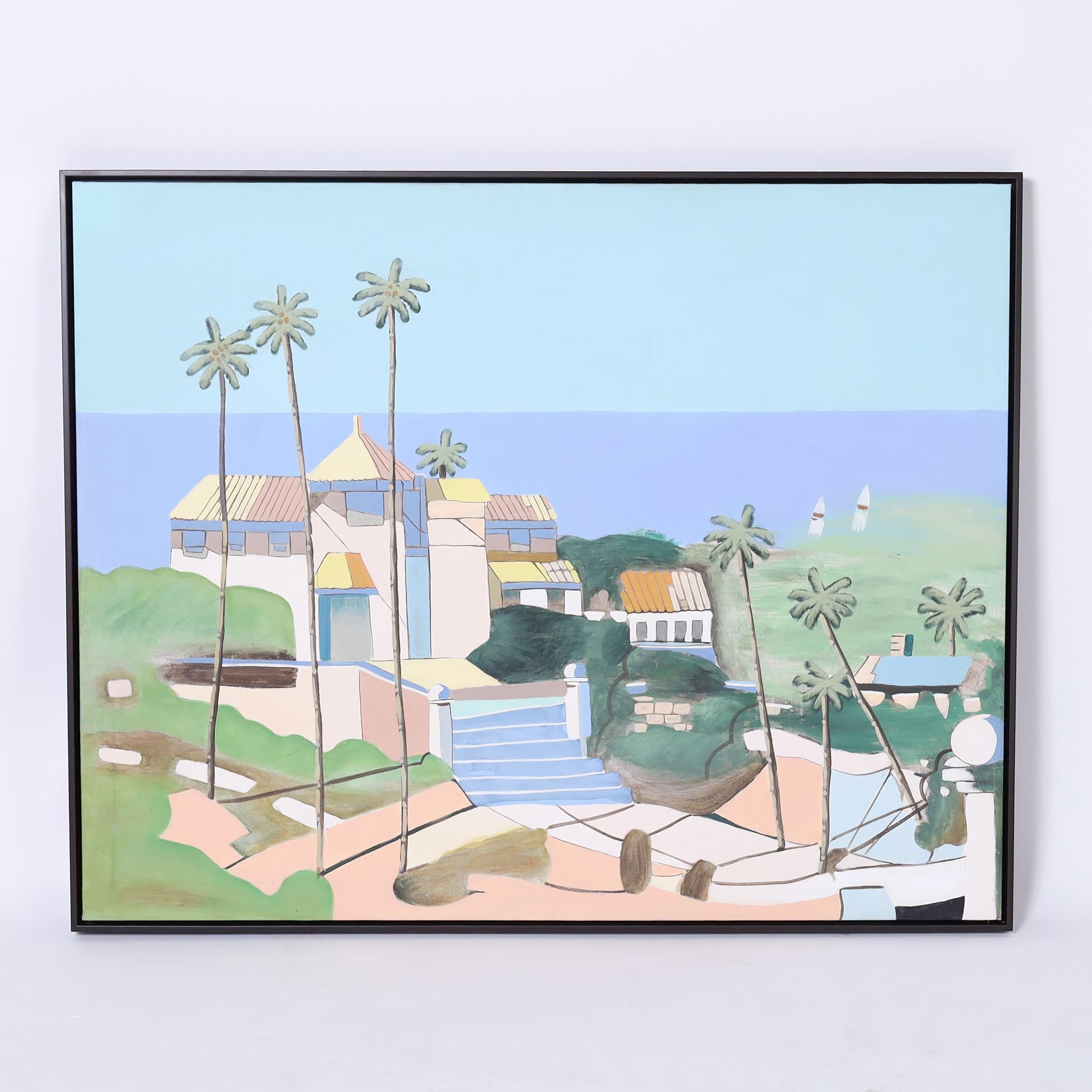 Großes modernistisches Gemälde auf Leinwand eines Strandhauses – Painting von Unknown