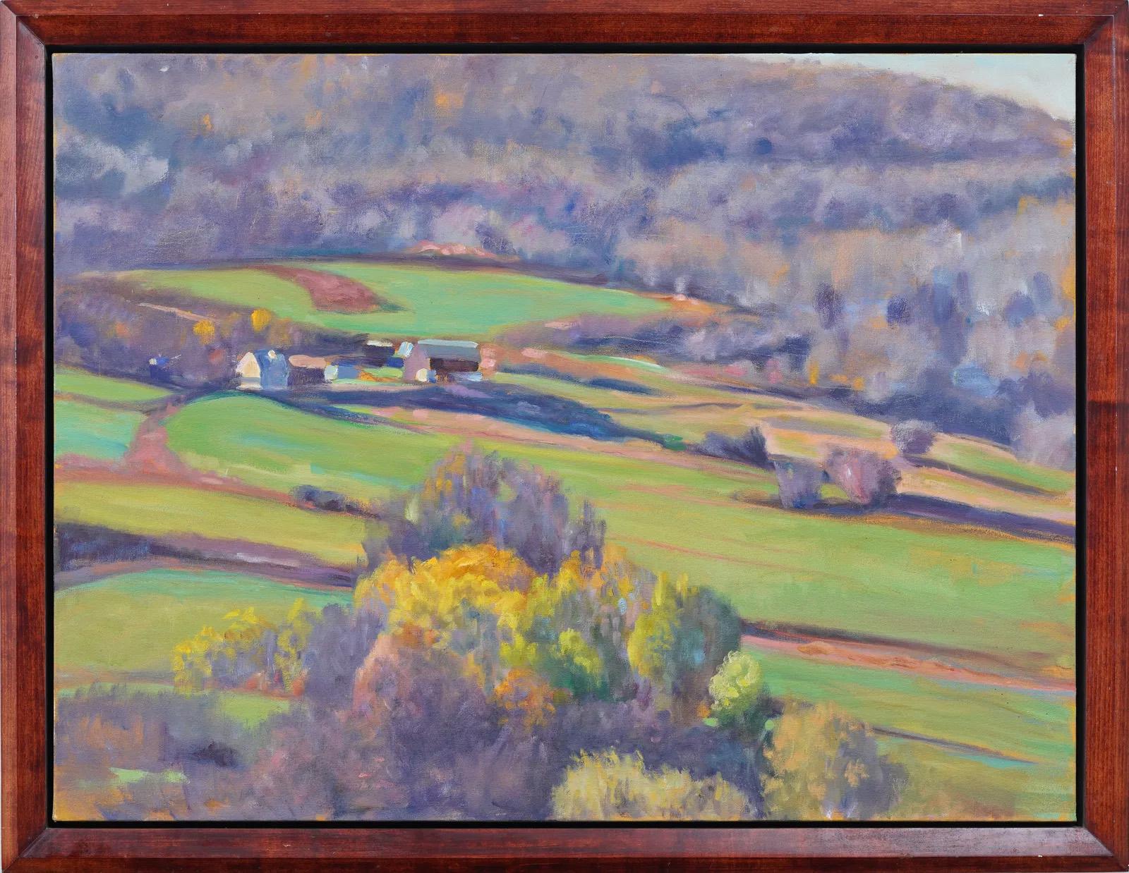 Large New England Modernist Framed Fall Modernist Barn Landscape Oil Painting - Gray Landscape Painting by Unknown