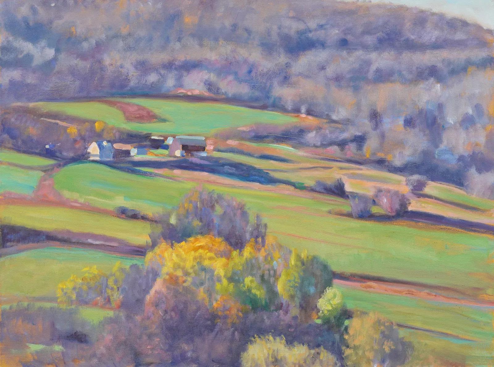 Vintage American modernist landscape oil painting. Oil on canvas. Signed verso. Framed. Measuring 34 by 44 inches overall and 28 by 37 painting alone.  In excellent original condition.  Handsomely framed in a period  modern wood molding.  Excellent