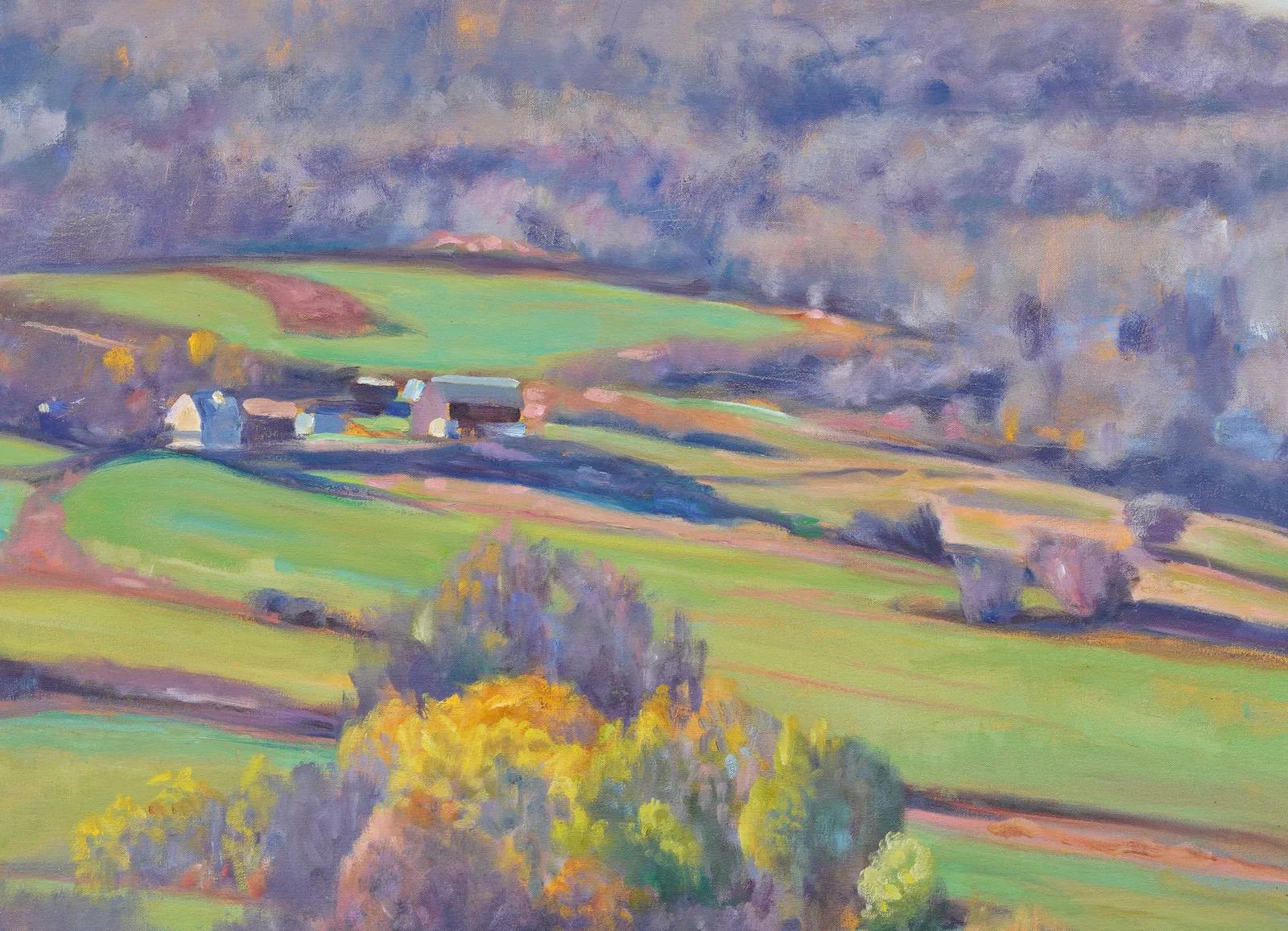 Large New England Modernist Framed Fall Modernist Barn Landscape Oil Painting For Sale 1