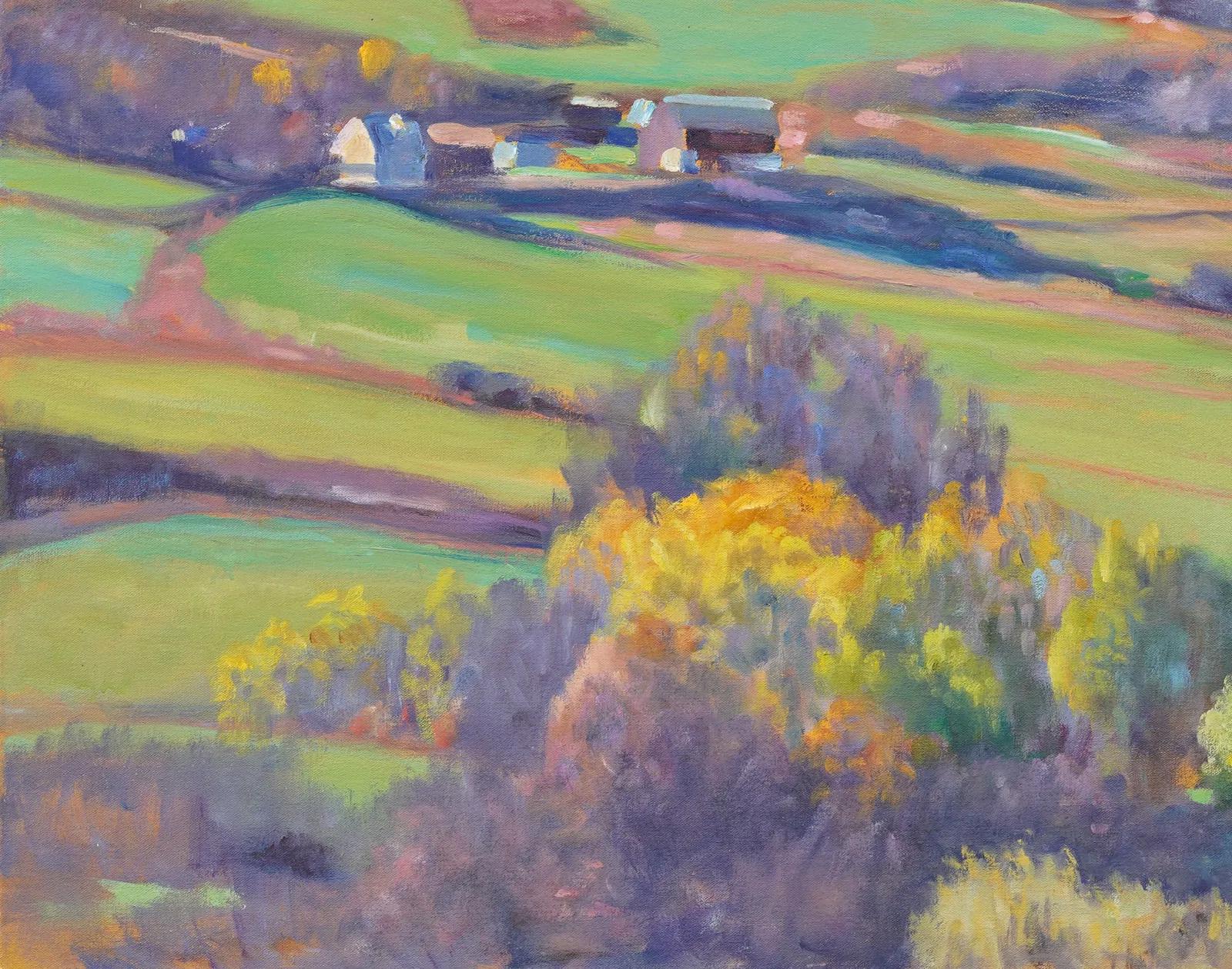 Large New England Modernist Framed Fall Modernist Barn Landscape Oil Painting For Sale 2