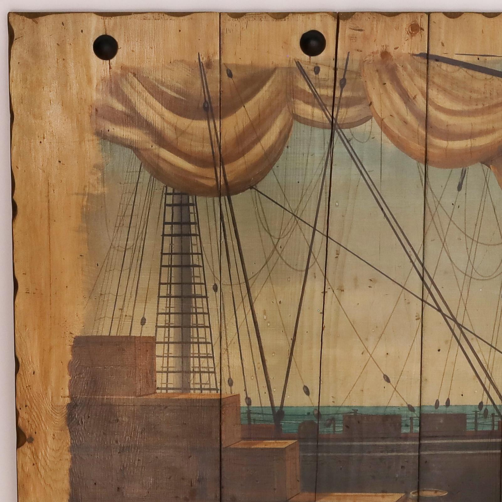 Großes Ölgemälde auf Karton eines Segelschiffes im Dock (Sonstige Kunststile), Painting, von Unknown