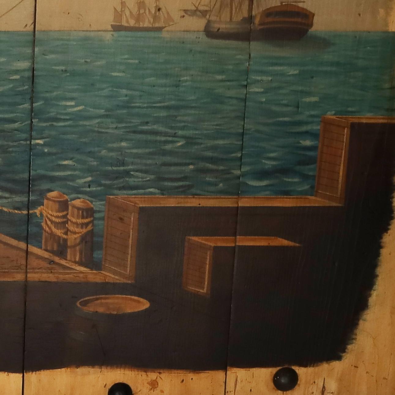 Großes Ölgemälde auf Karton eines Segelschiffes im Dock im Angebot 4