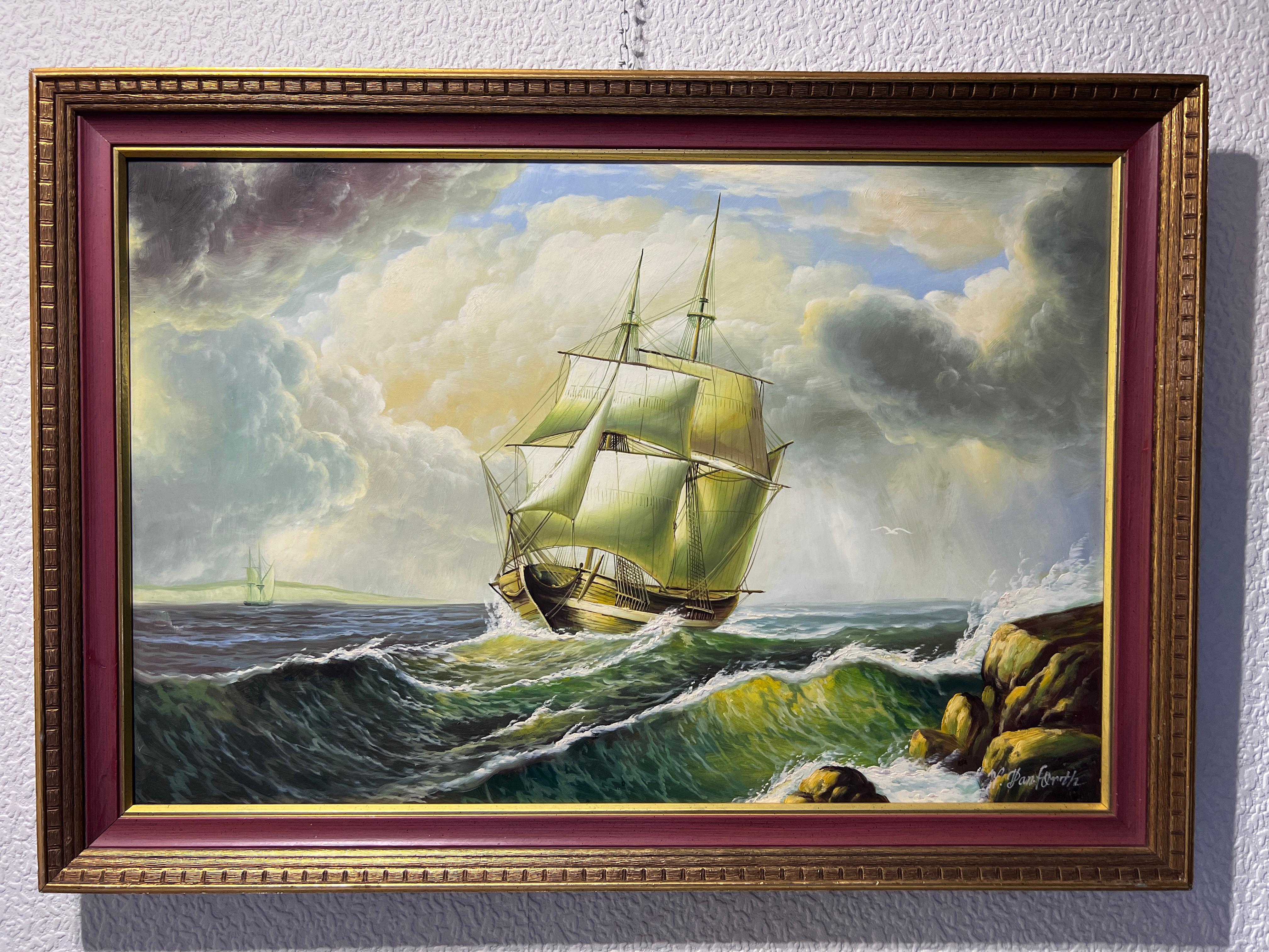 Large oil painting on canvas, seascape, Sailing Ship in the Stormy Ocean, Signed - Painting by Unknown