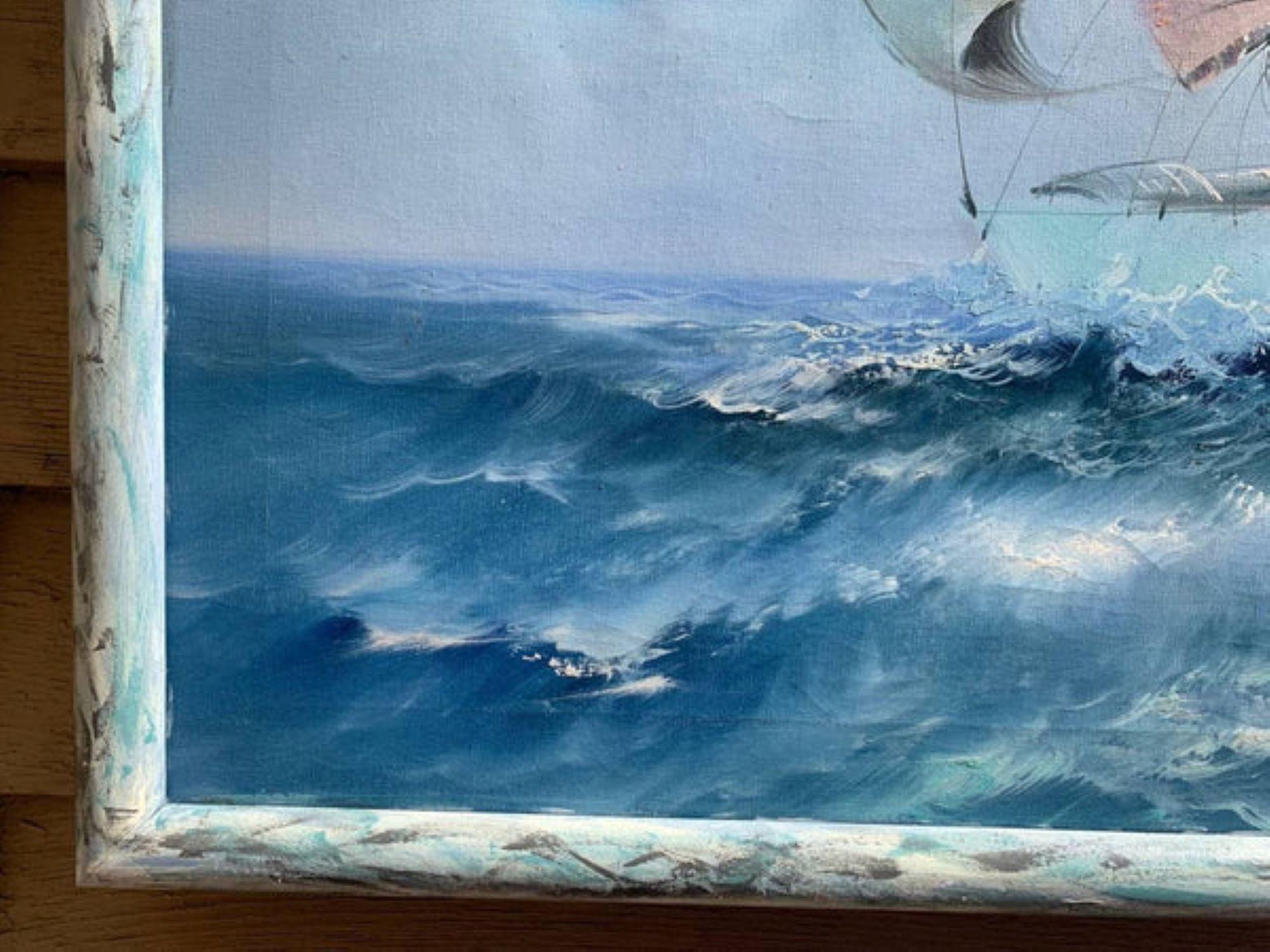 Grande dipinto a olio su tela, paesaggio marino, Nave a vela nell'oceano in tempesta, firmato - Painting di Unknown