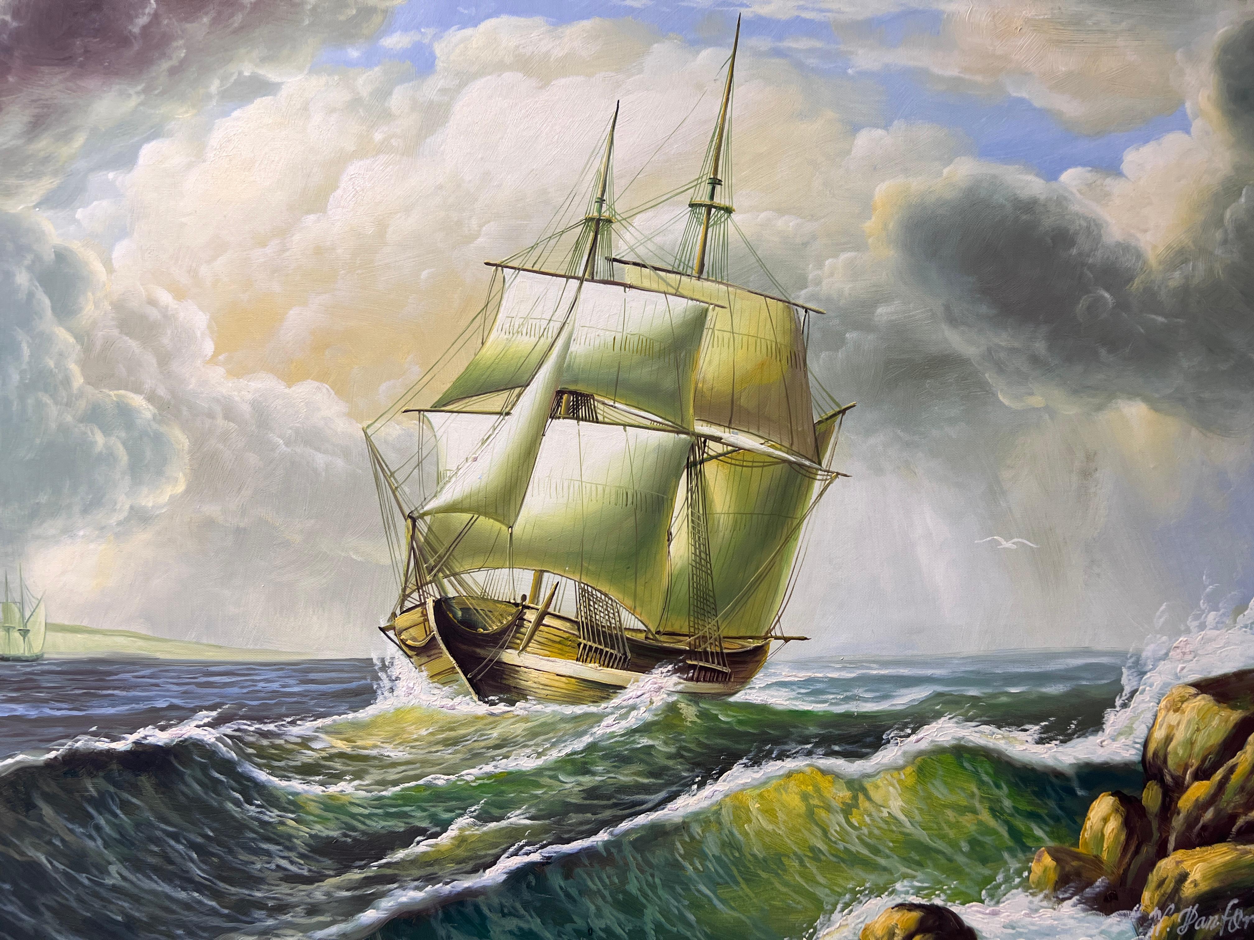 Large oil painting on canvas, seascape, Sailing Ship in the Stormy Ocean, Signed - Impressionist Painting by Unknown