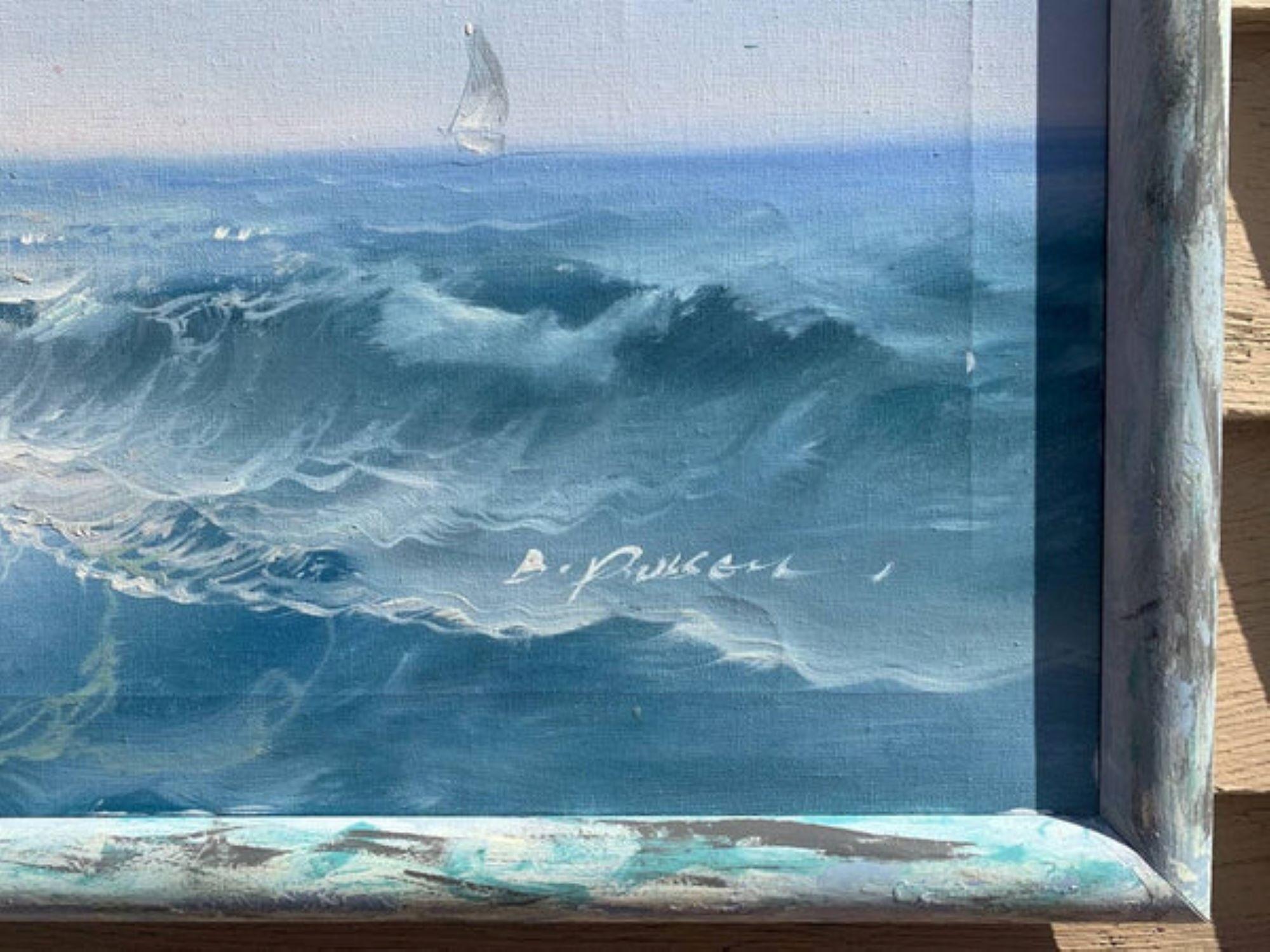 In vendita c'è un grande dipinto originale a olio su tela che raffigura un veliero che si infrange tra le onde lasciando una traccia bianca dietro di sé,  firmato da  B.Pulsen nell'angolo in basso a sinistra.

Presentato in una bella cornice di