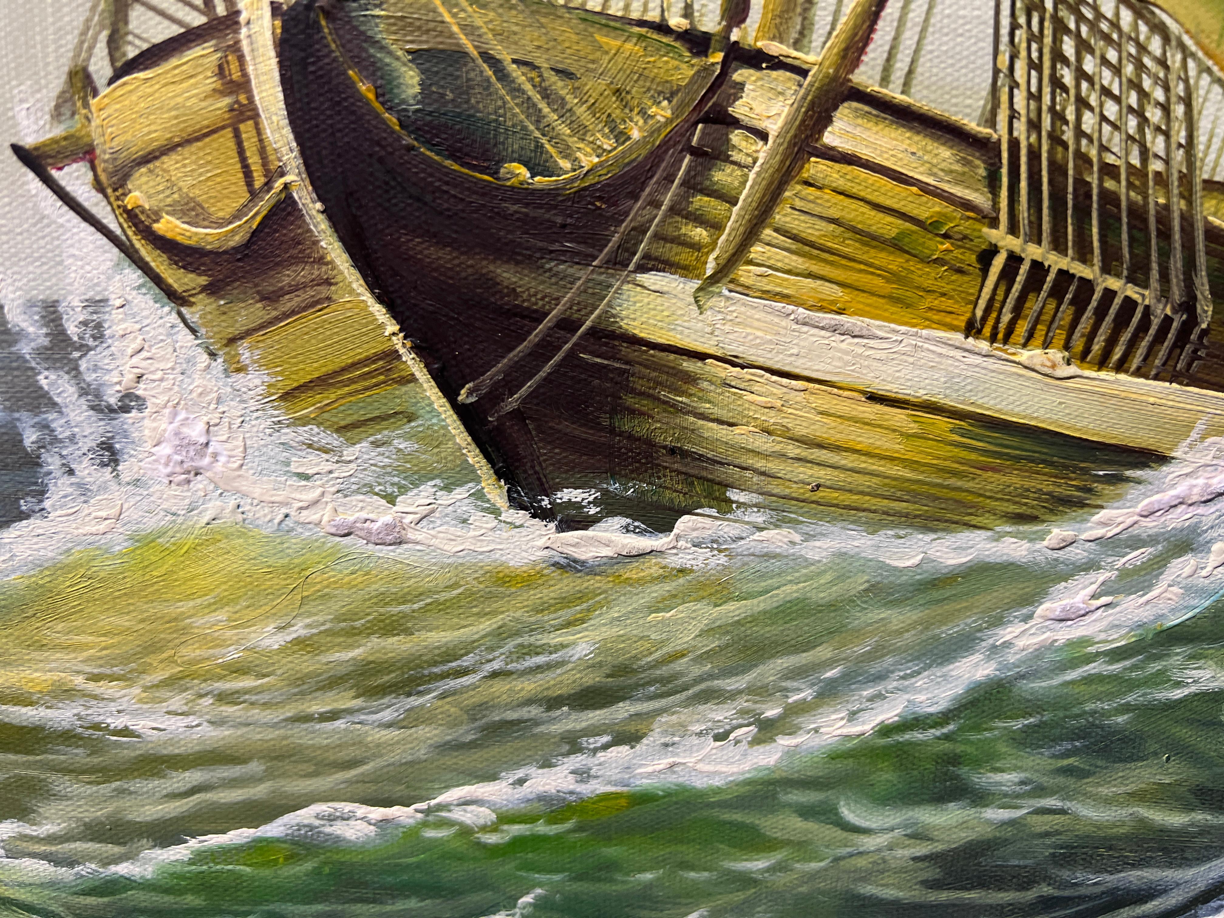 Large oil painting on canvas, seascape, Sailing Ship in the Stormy Ocean, Signed For Sale 5