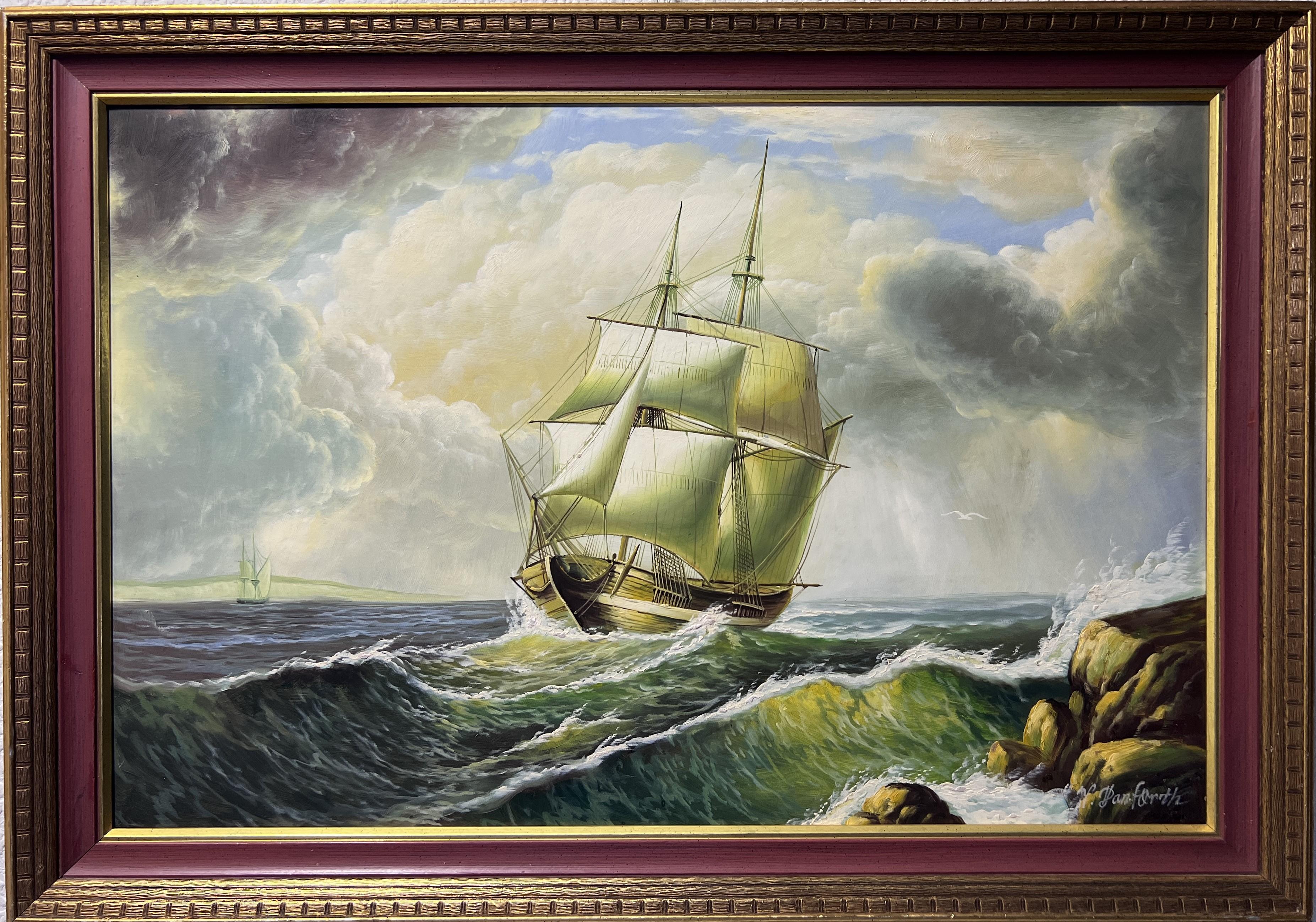 Unknown Landscape Painting - Large oil painting on canvas, seascape, Sailing Ship in the Stormy Ocean, Signed