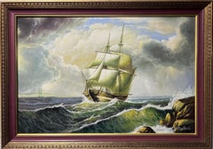 Grande peinture à l'huile sur toile, paysage marin, Navire à voile dans l'océan déchaîné, Signée
