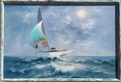 Grande dipinto a olio su tela, paesaggio marino, Nave a vela nell'oceano in tempesta, firmato