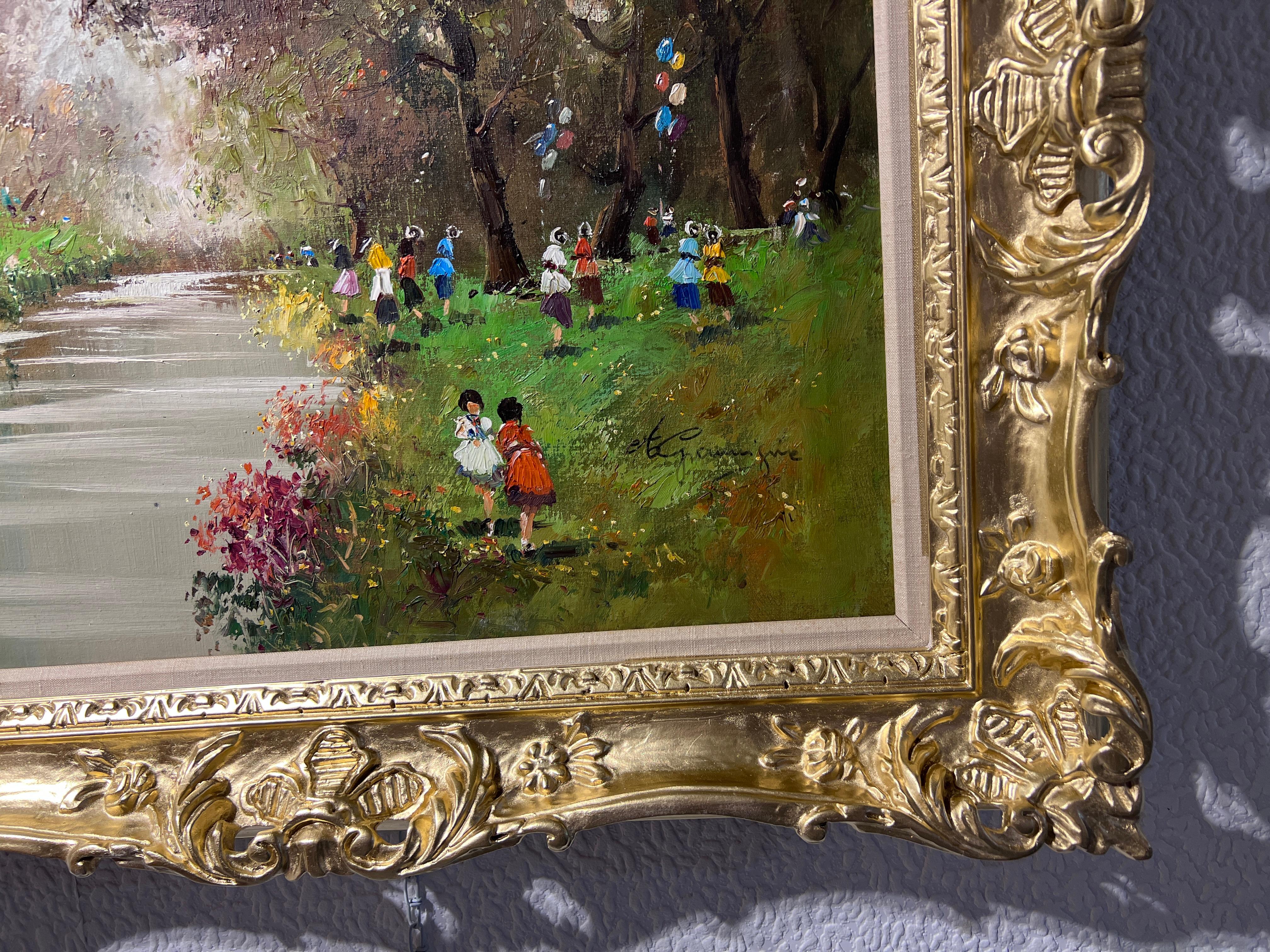 Gran óleo sobre lienzo Firmado Gramigna, Paisaje con figuras, Marco dorado 5