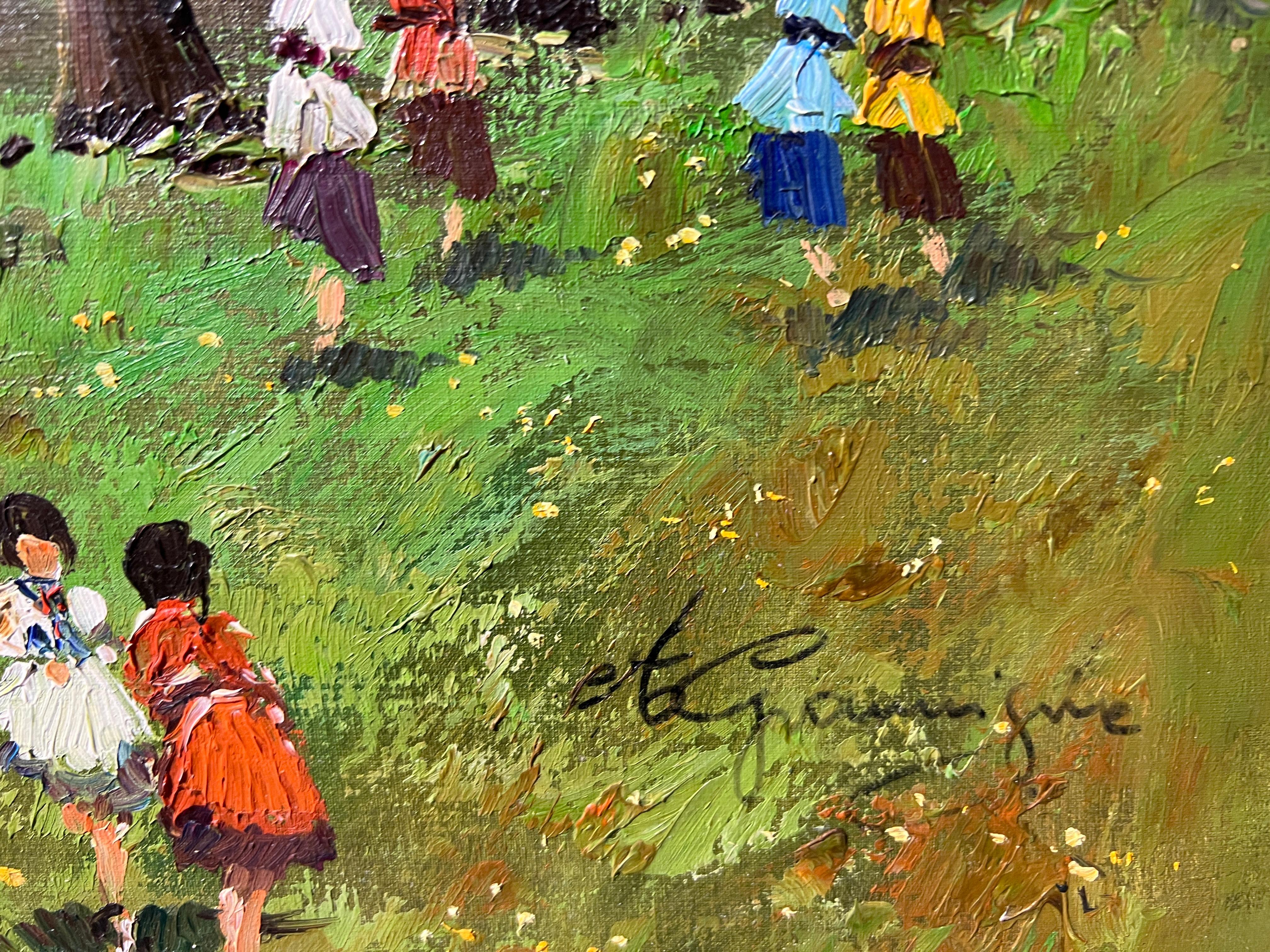 Gran óleo sobre lienzo Firmado Gramigna, Paisaje con figuras, Marco dorado 6