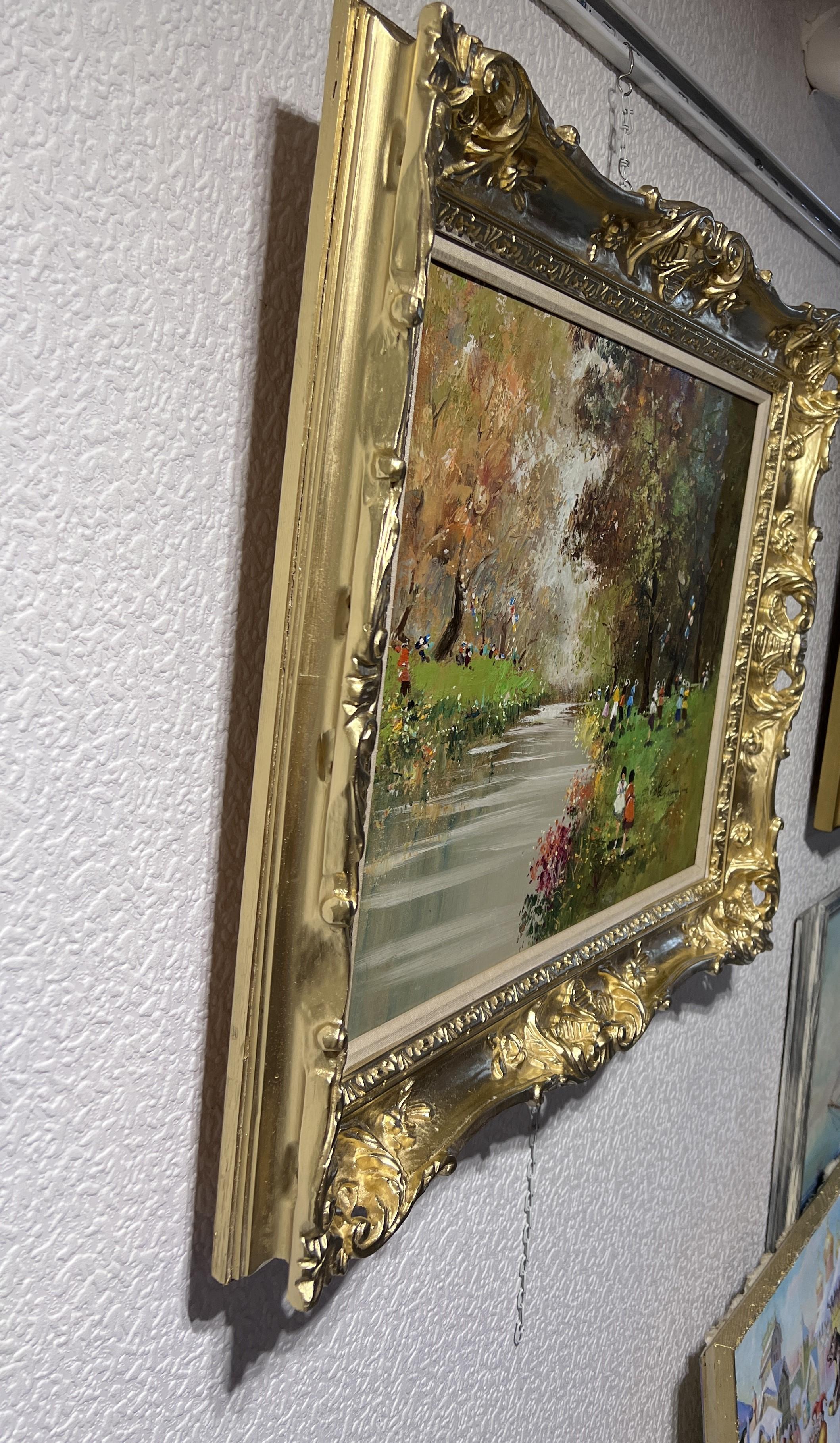 Gran óleo sobre lienzo Firmado Gramigna, Paisaje con figuras, Marco dorado 9