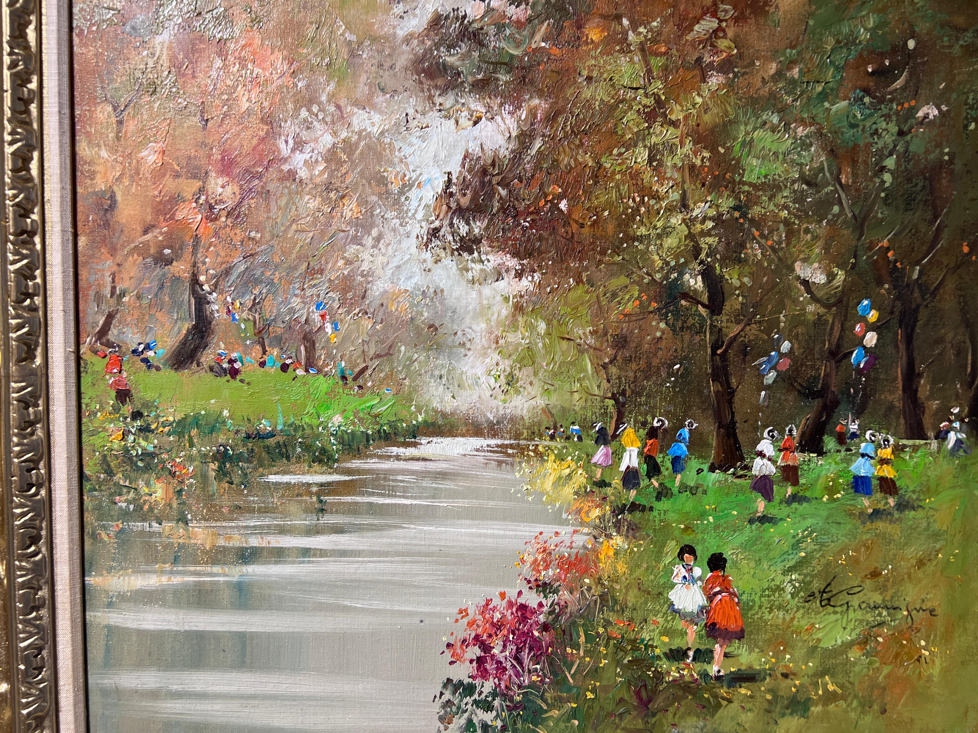 Gran óleo sobre lienzo Firmado Gramigna, Paisaje con figuras, Marco dorado - Painting de Unknown