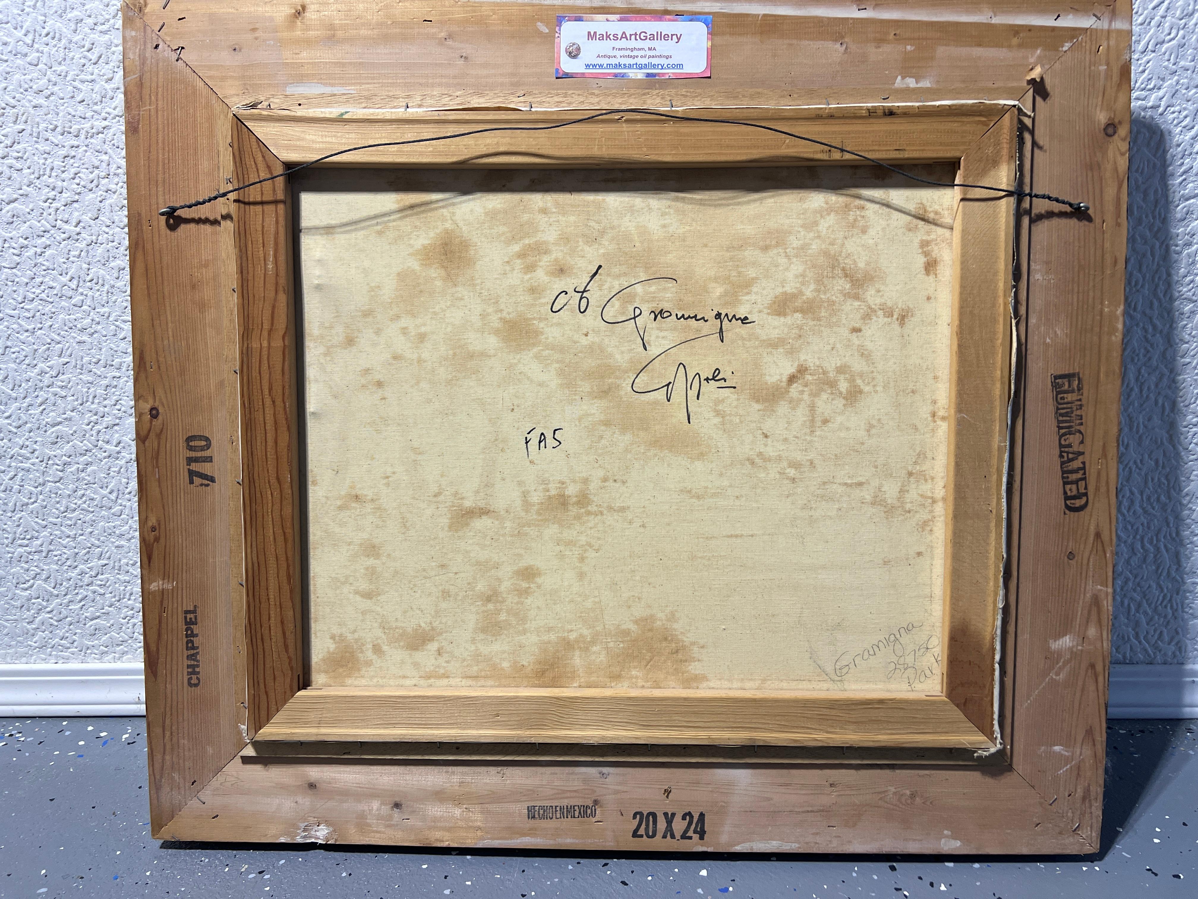 Gran óleo sobre lienzo Firmado Gramigna, Paisaje con figuras, Marco dorado - Painting Impresionista de Unknown