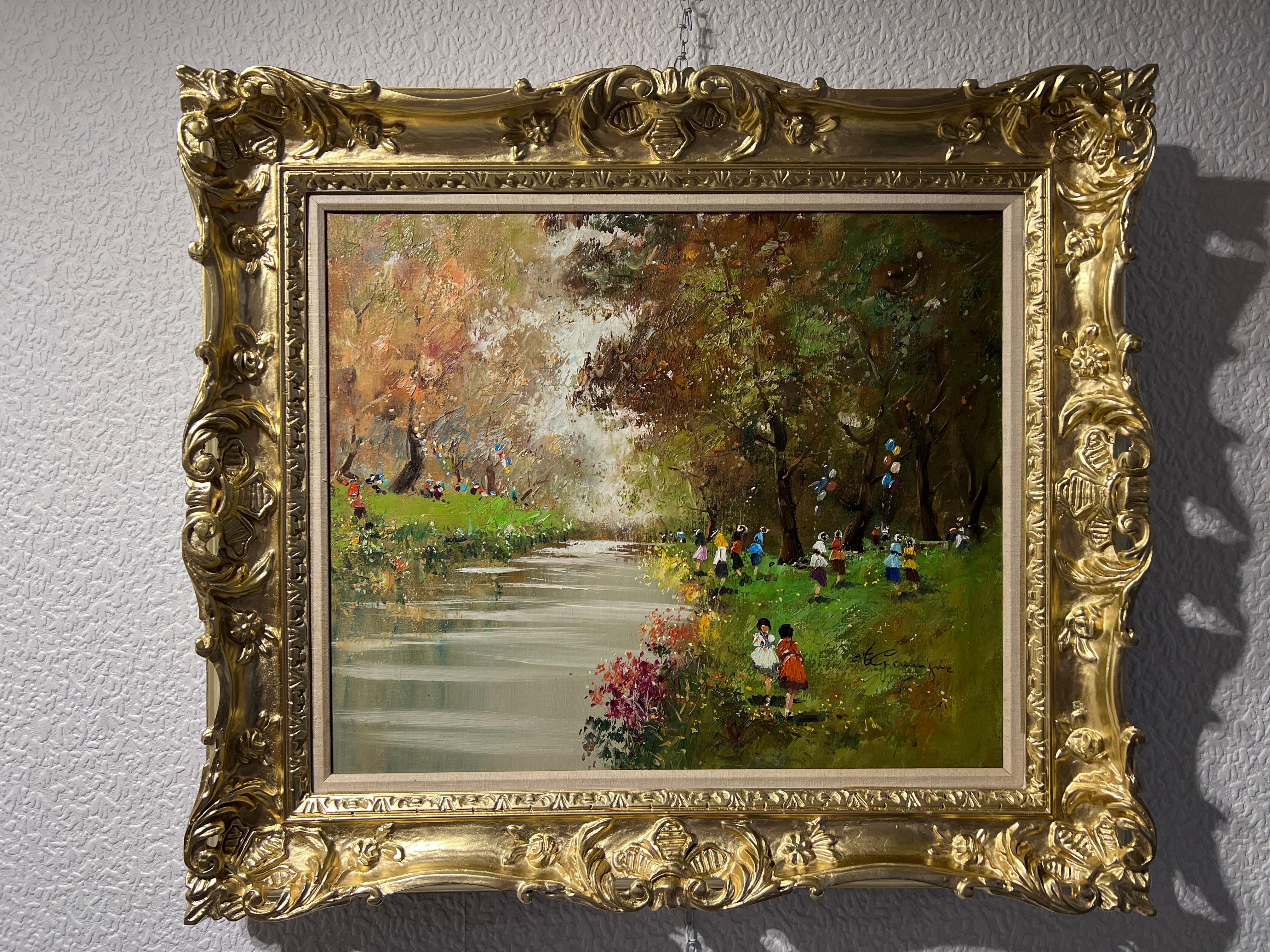 Gran óleo sobre lienzo Firmado Gramigna, Paisaje con figuras, Marco dorado 1