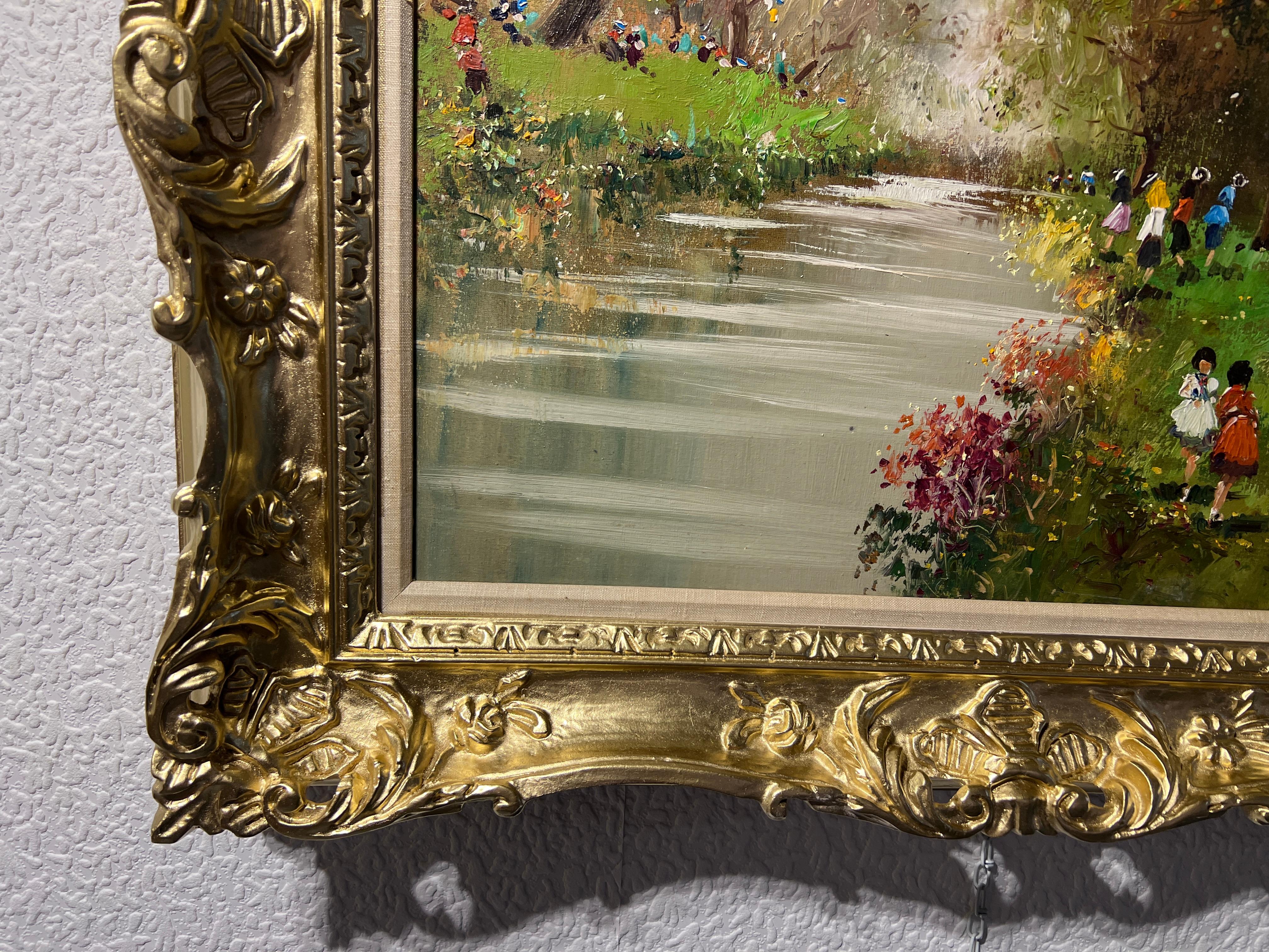 Gran óleo sobre lienzo Firmado Gramigna, Paisaje con figuras, Marco dorado 2