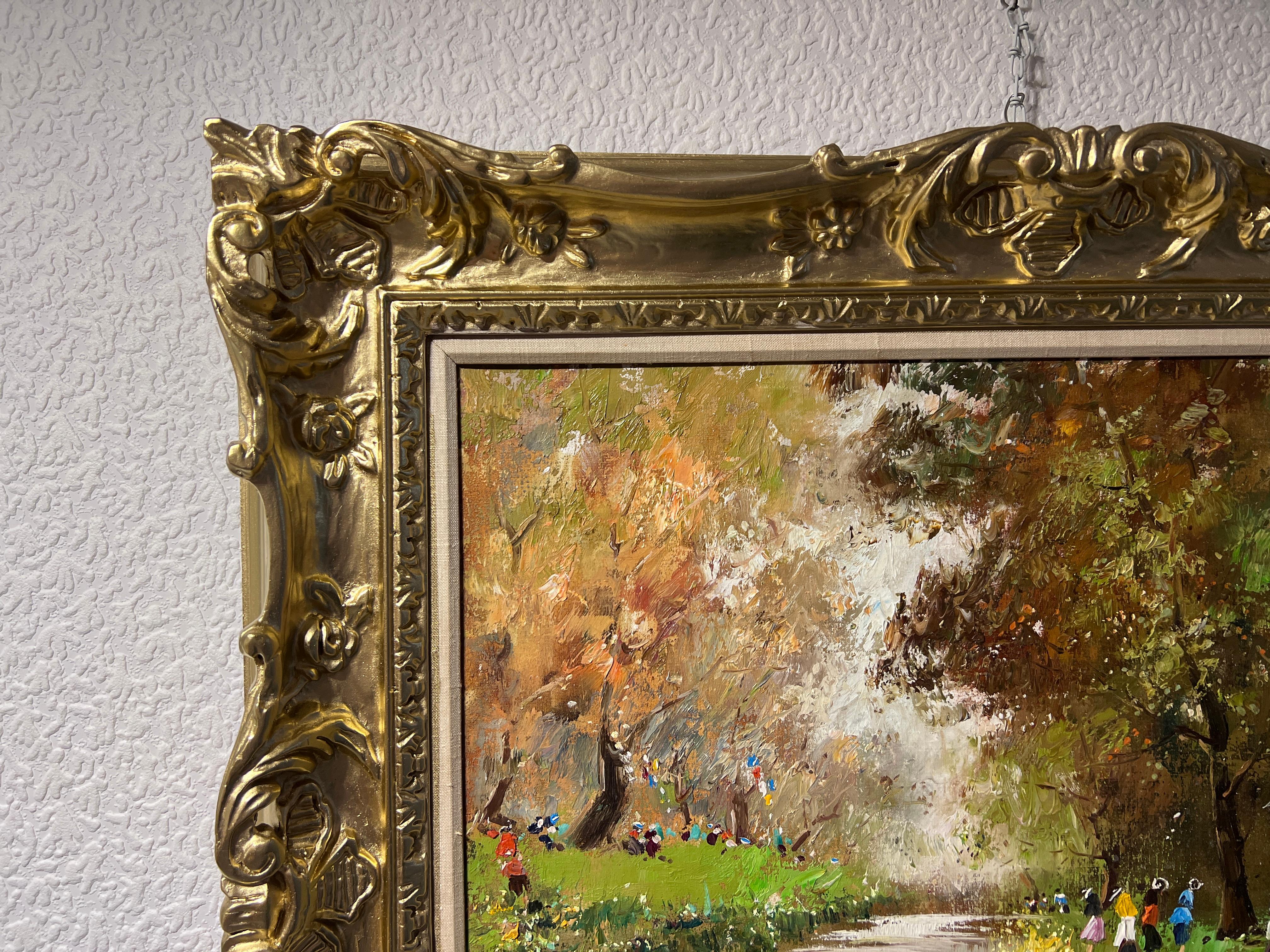 Gran óleo sobre lienzo Firmado Gramigna, Paisaje con figuras, Marco dorado 3