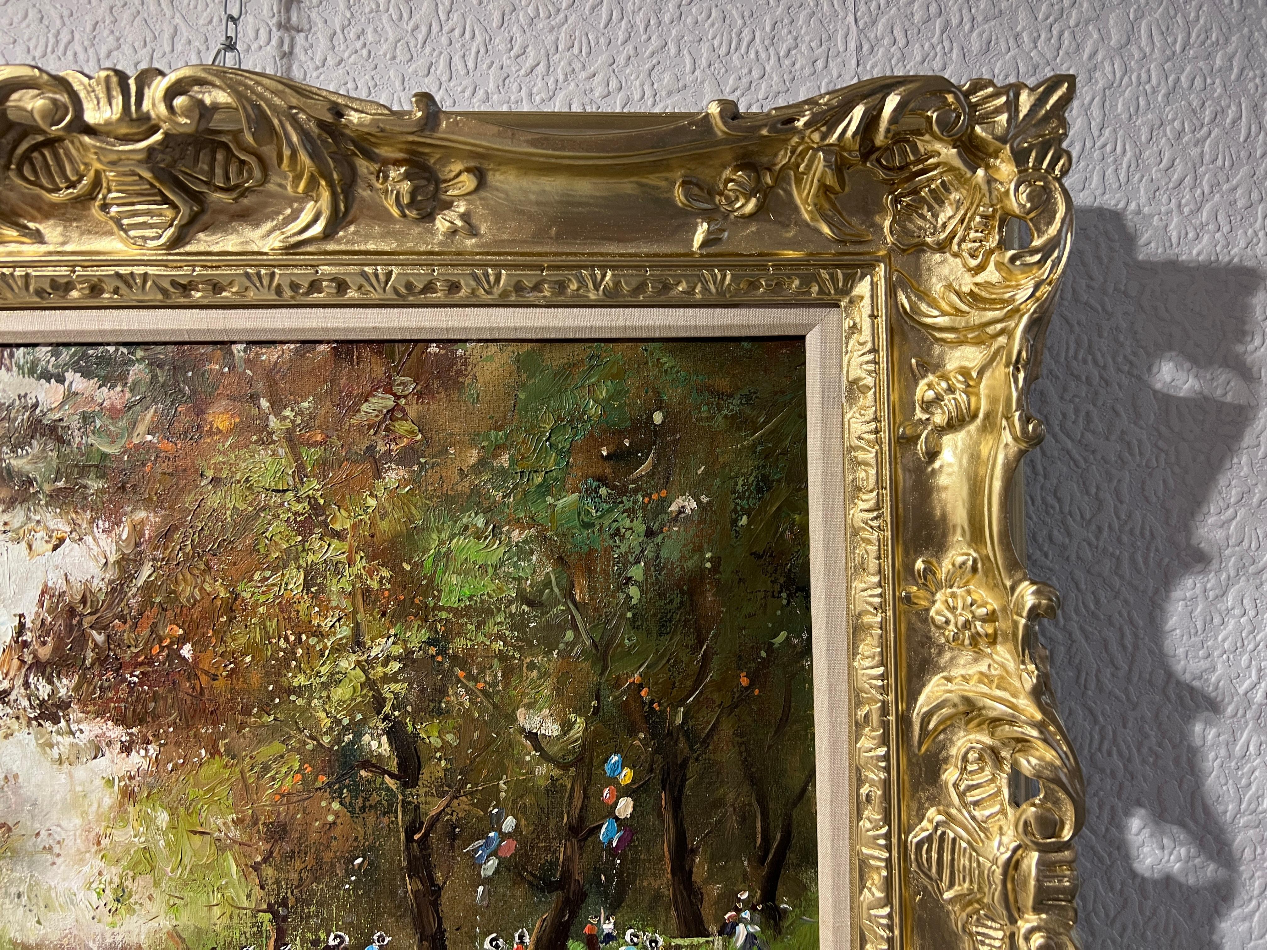 Gran óleo sobre lienzo Firmado Gramigna, Paisaje con figuras, Marco dorado 4