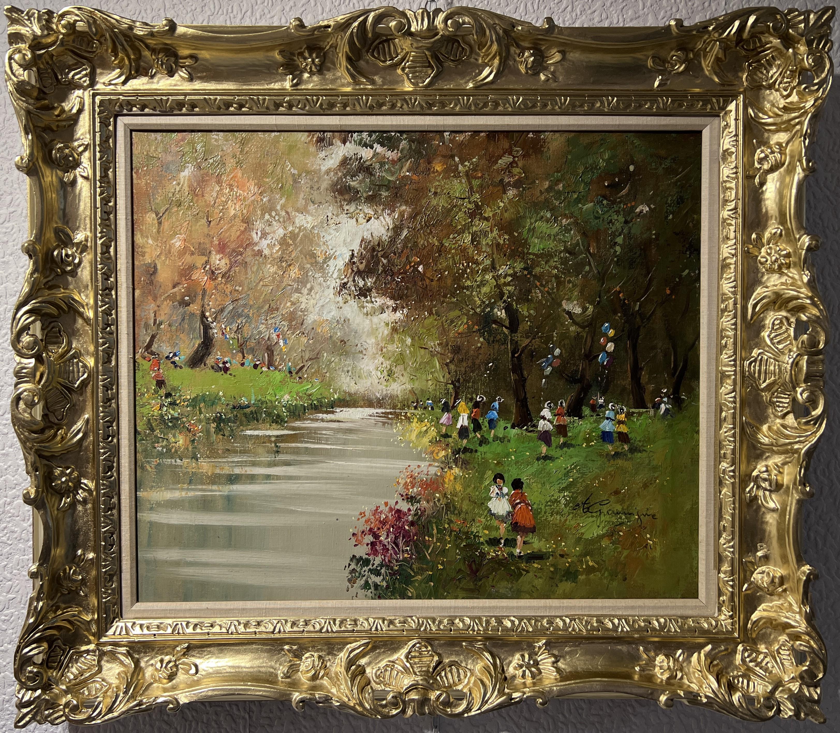 Landscape Painting de Unknown - Gran óleo sobre lienzo Firmado Gramigna, Paisaje con figuras, Marco dorado