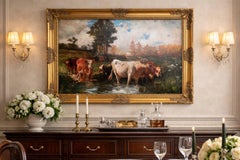 Large Oil Painting Pastoral Cow Landscape, Antique Style Farm Scene, Gold Frame