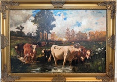 Large Oil Painting Pastoral Cow Landscape, Antique Style Farm Scene, Gold Frame