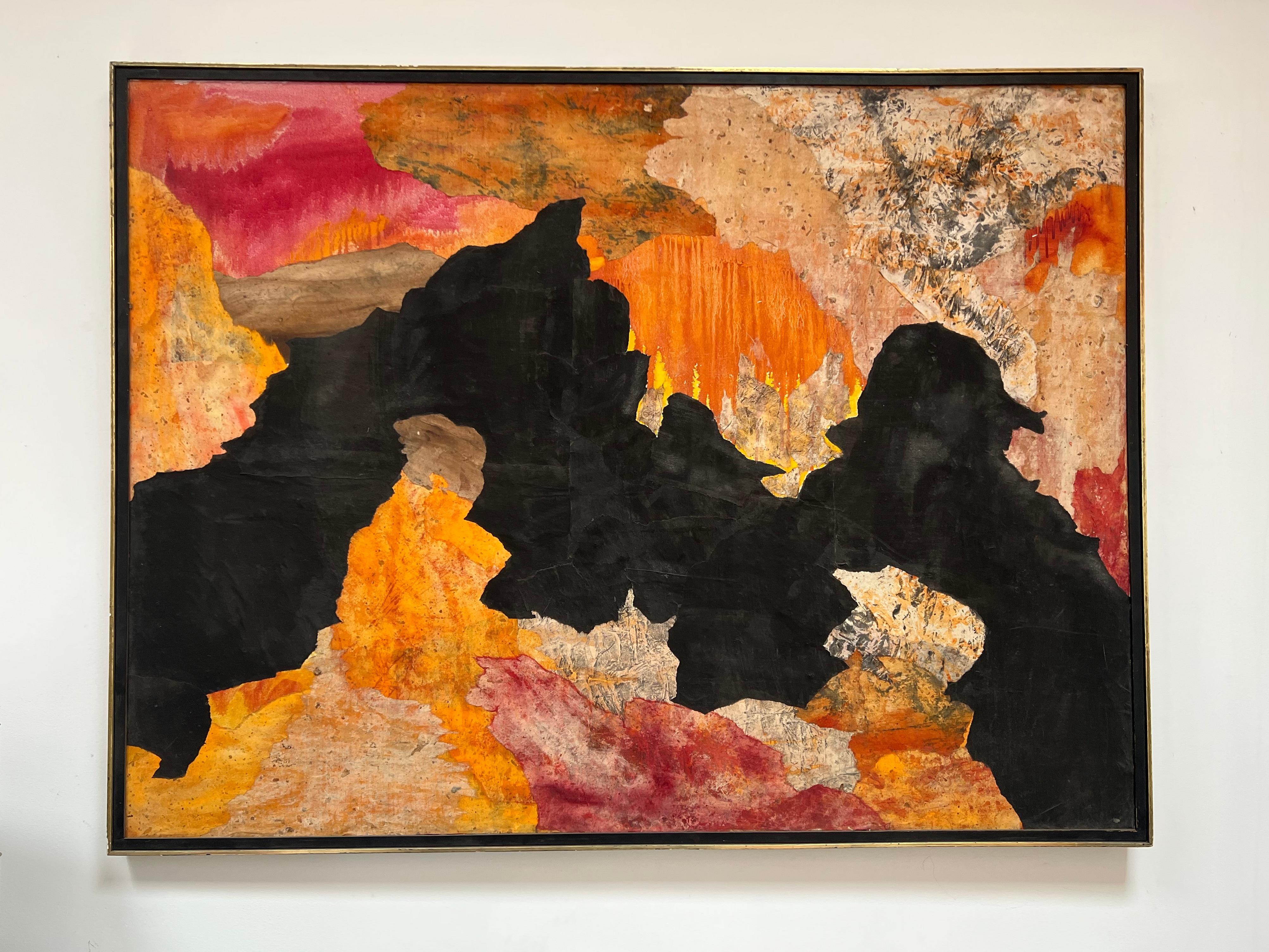 Grande quadro espressionista astratto arancione e nero di Shirley Bleviss - Painting di Unknown
