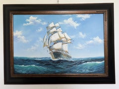 Large Original Marine Oil Painting Tall Ship on Open Sea Nautical Seascape