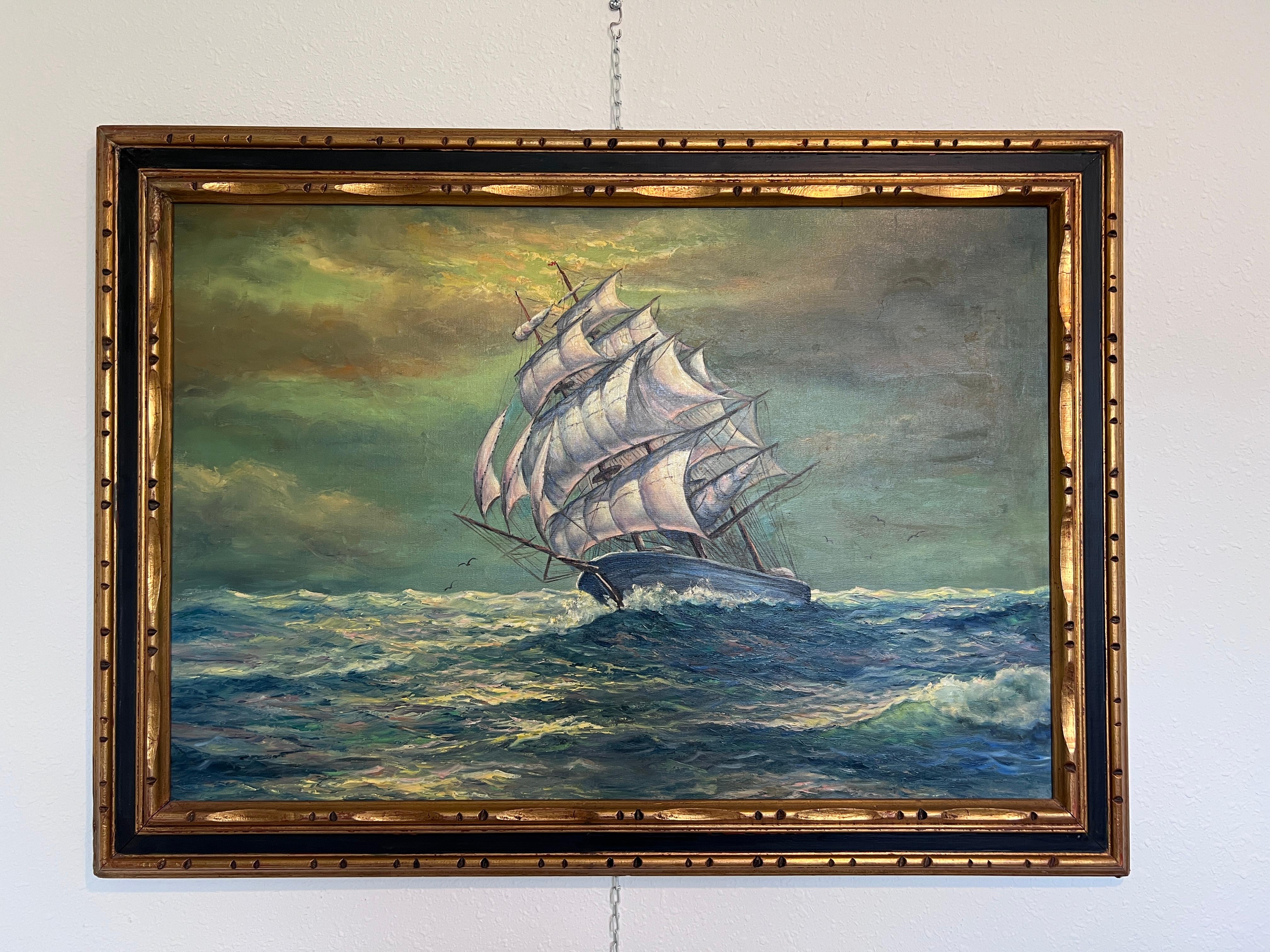 Gran cuadro al óleo original sobre lienzo Barco clíper, paisaje marino, enmarcado - Painting de Unknown