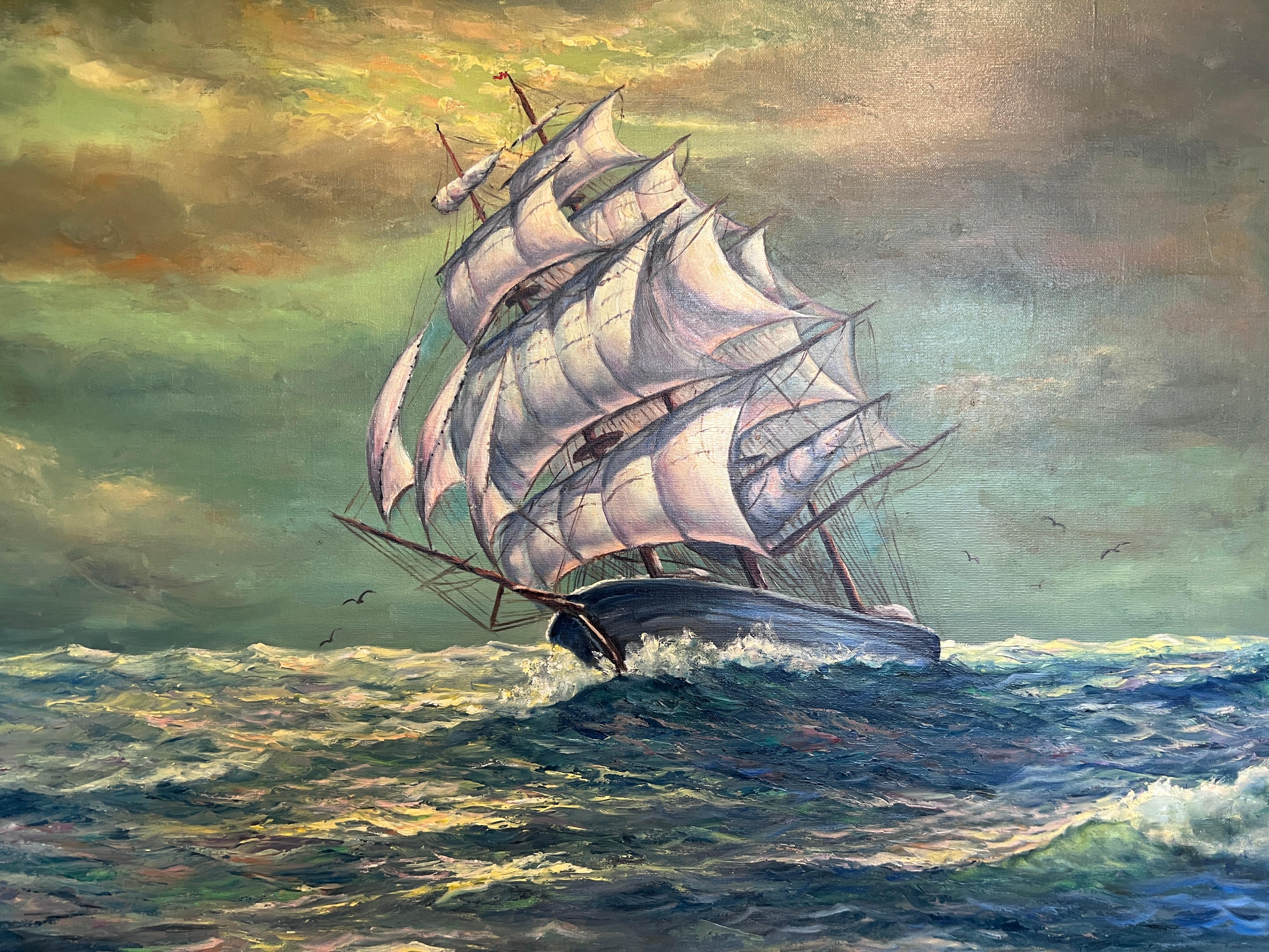 Gran cuadro al óleo original sobre lienzo Barco clíper, paisaje marino, enmarcado - Painting Impresionista de Unknown