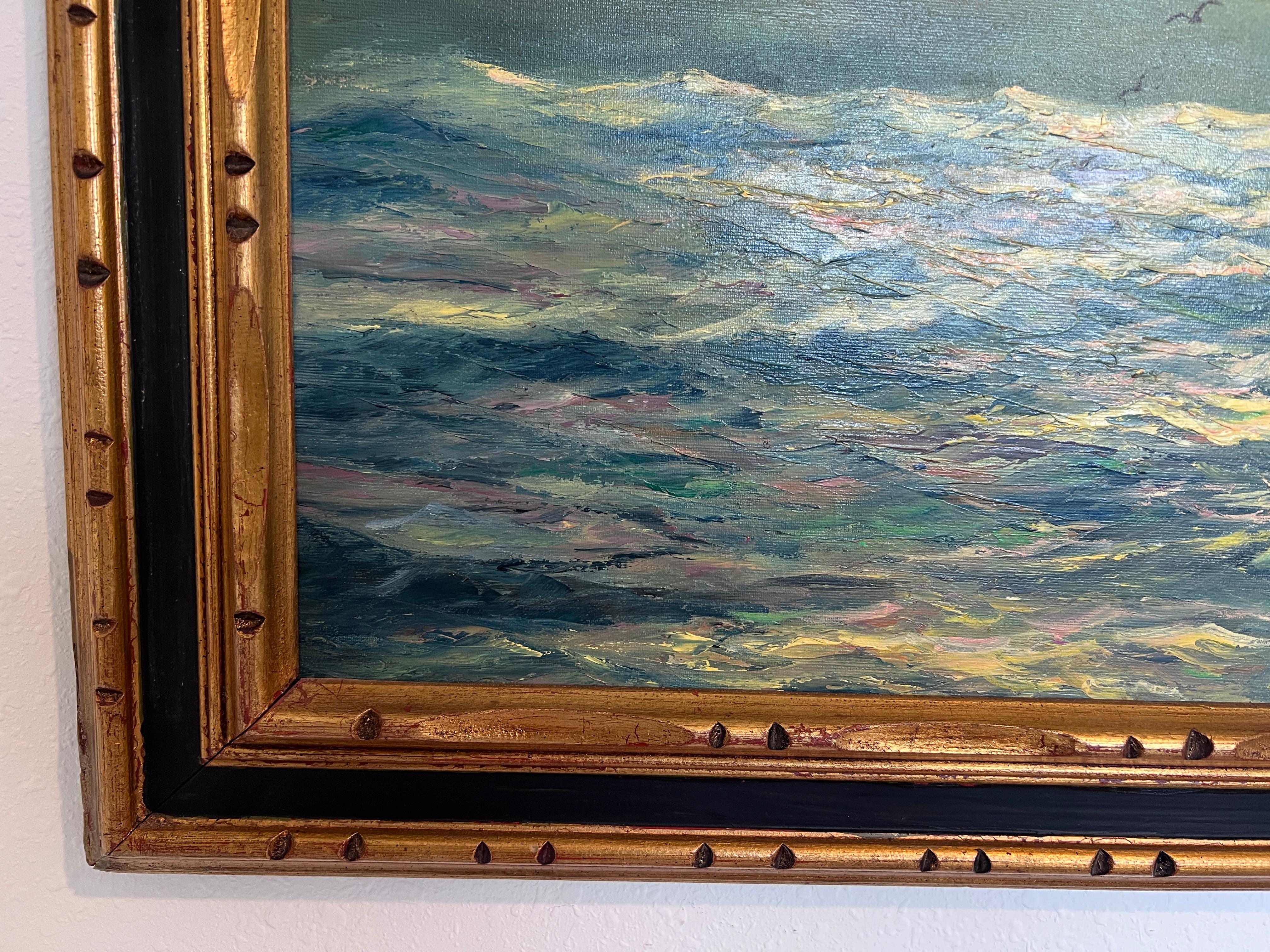 Gran cuadro al óleo original sobre lienzo Barco clíper, paisaje marino, enmarcado - Landscape Painting Gris de Unknown