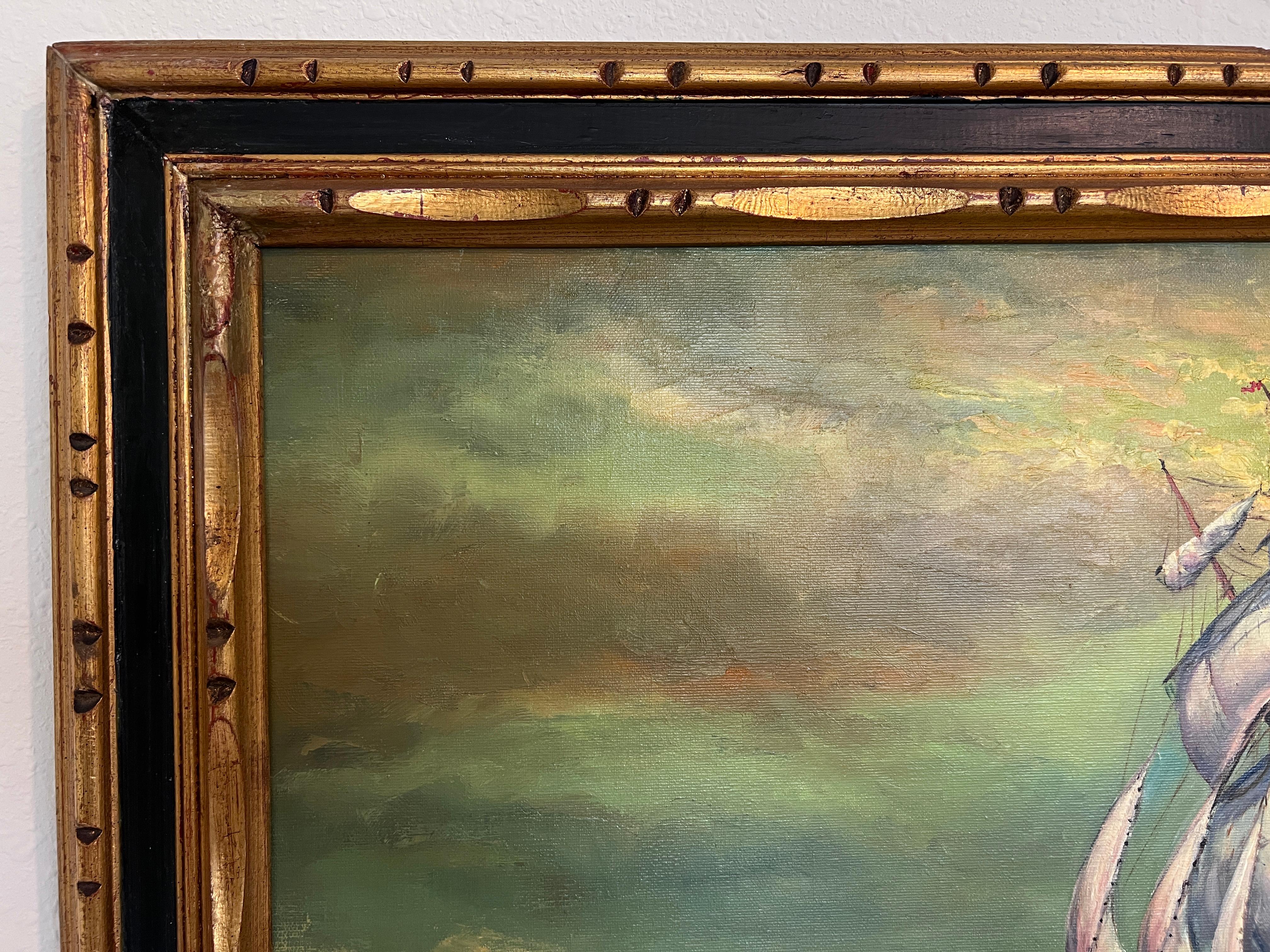 Este asombroso óleo original de gran tamaño sobre lienzo representa un barco navegando por un mar turbulento, con las velas ondeando contra el viento. Las dinámicas olas, pintadas con pinceladas texturizadas de azules y verdes, transmiten la