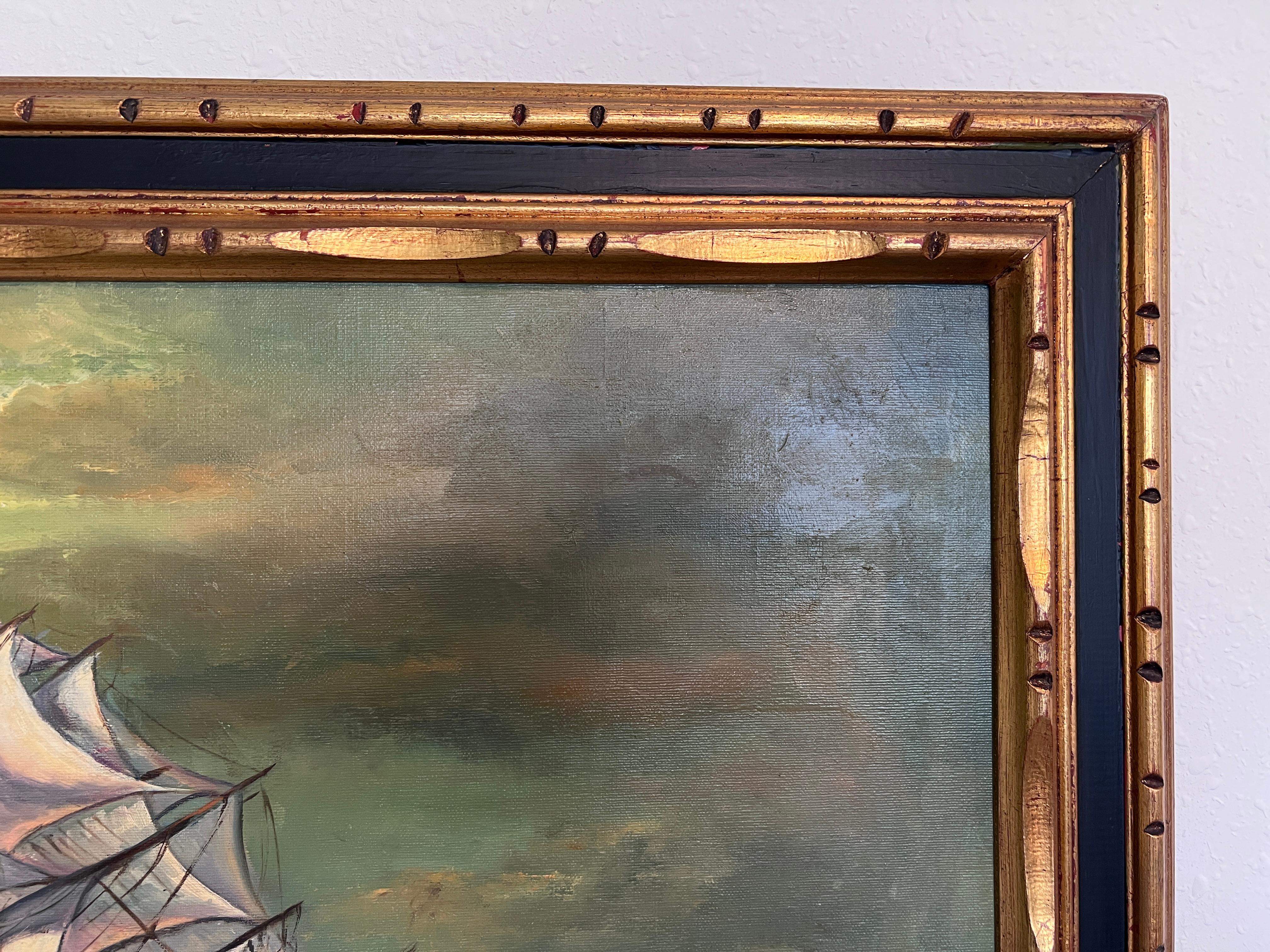 Gran cuadro al óleo original sobre lienzo Barco clíper, paisaje marino, enmarcado 1