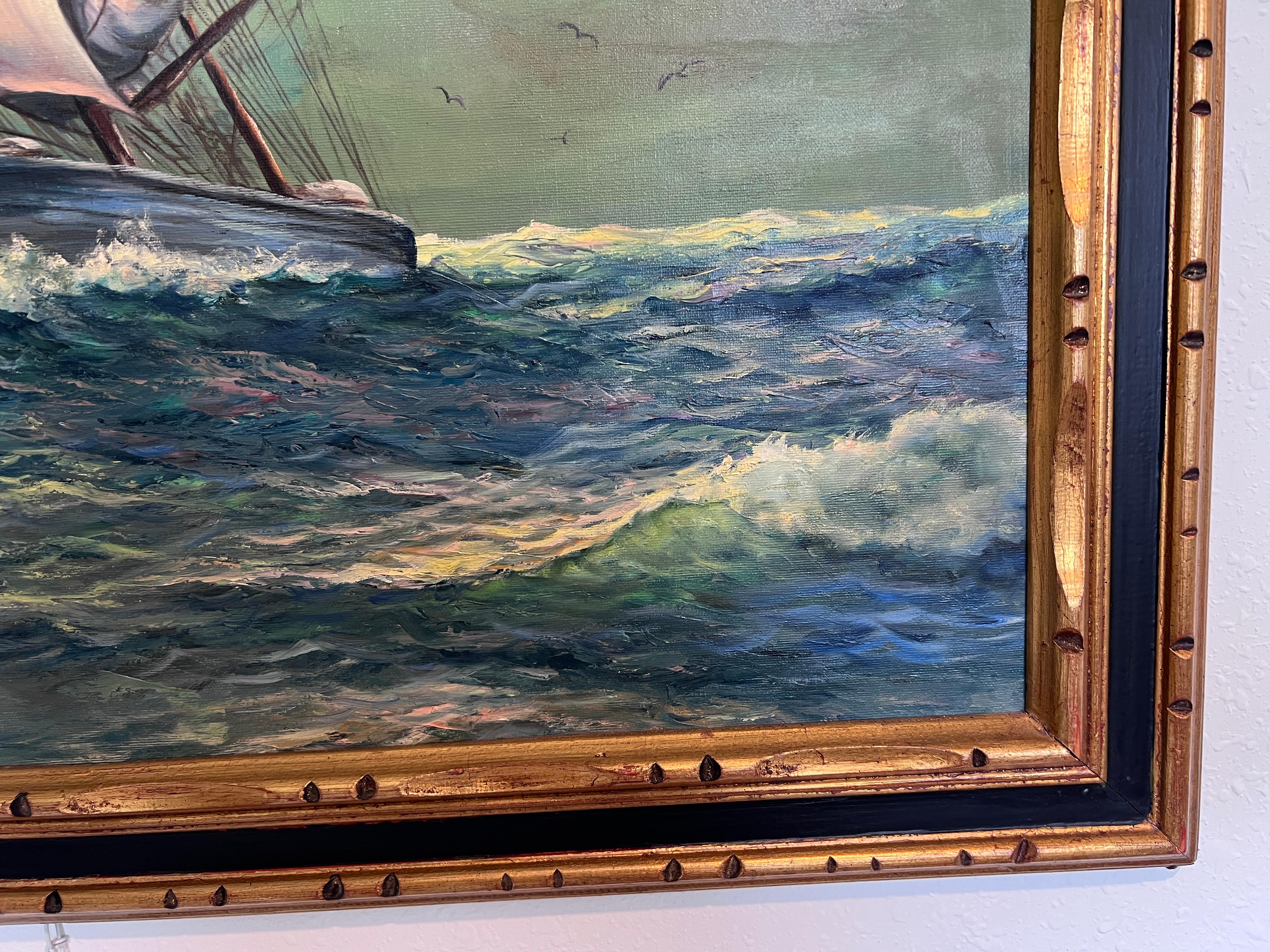 Gran cuadro al óleo original sobre lienzo Barco clíper, paisaje marino, enmarcado 2