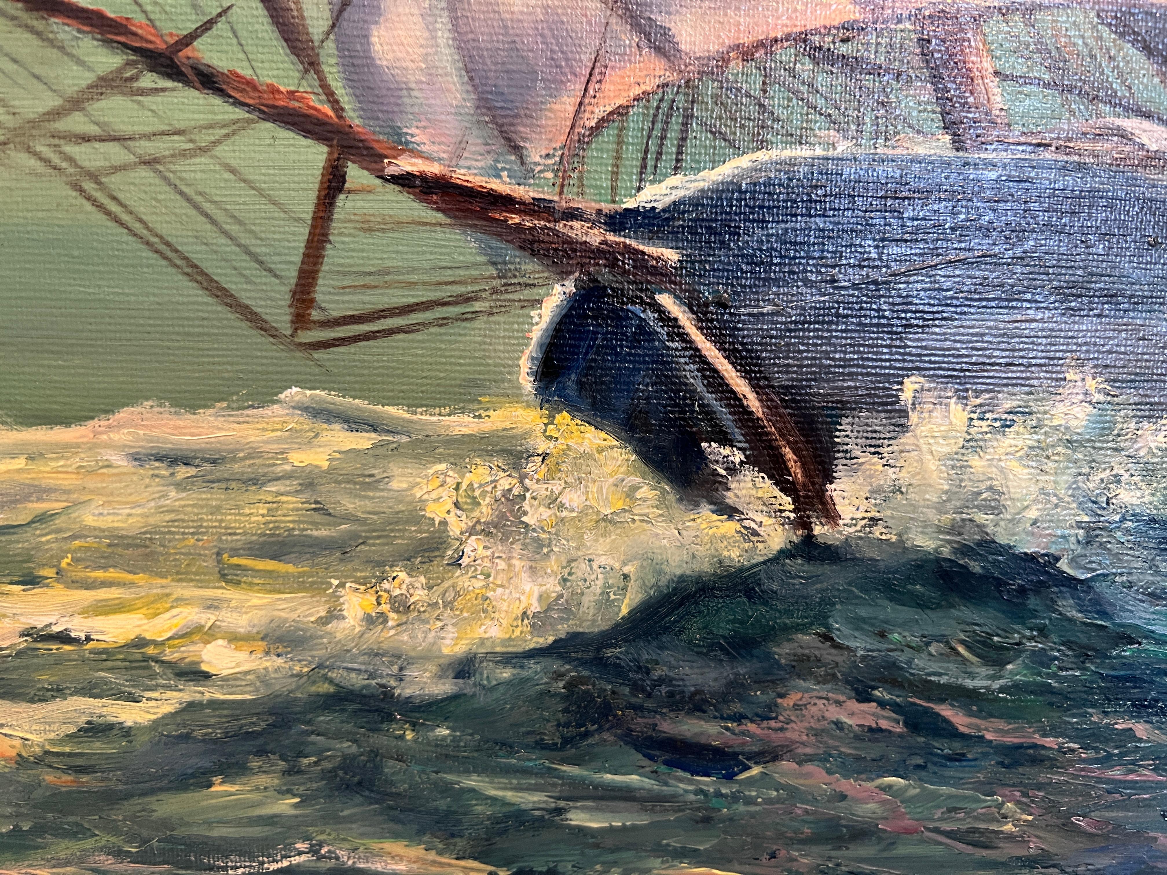 Gran cuadro al óleo original sobre lienzo Barco clíper, paisaje marino, enmarcado 3