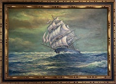 Gran cuadro al óleo original sobre lienzo Barco clíper, paisaje marino, enmarcado