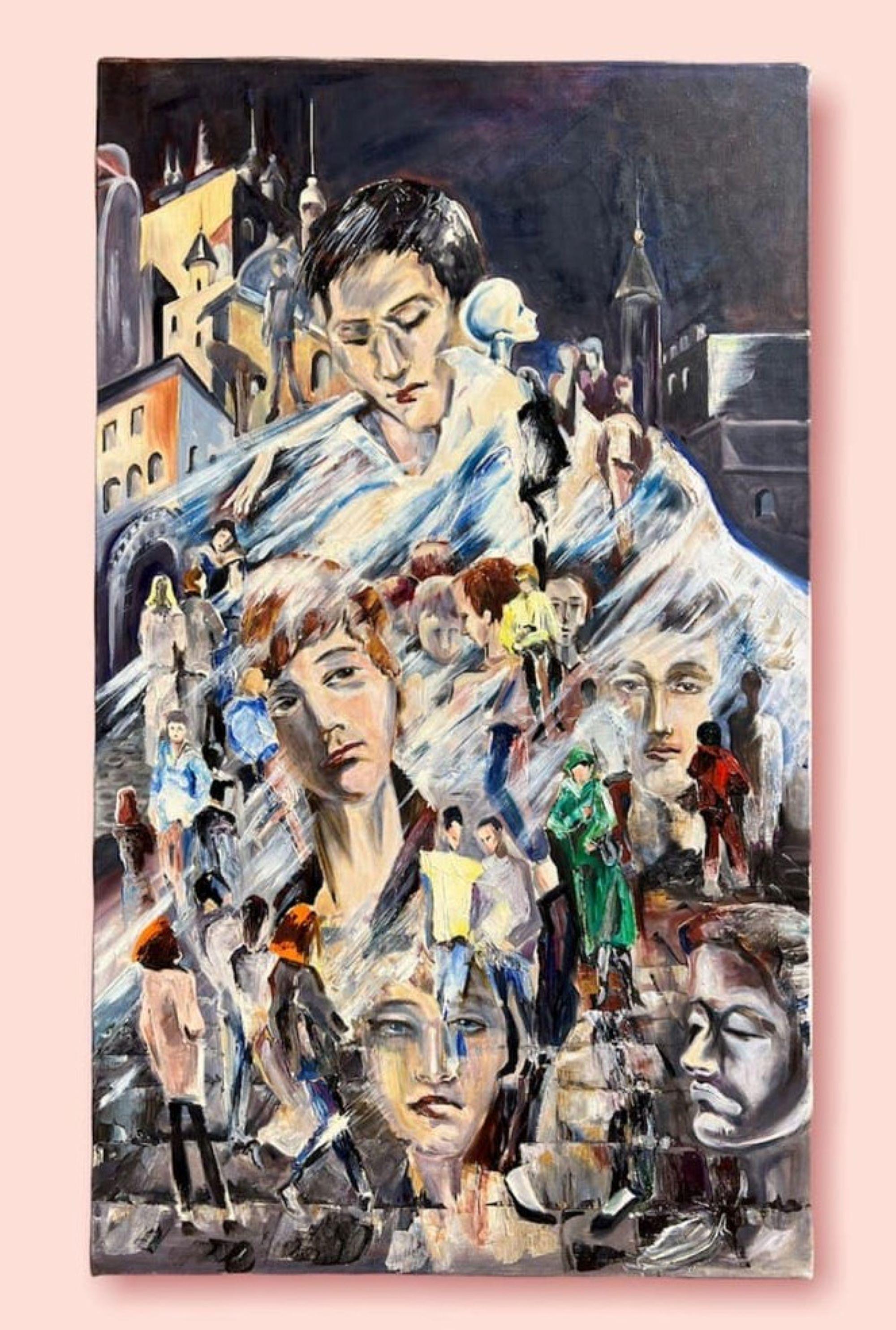 Grande pittura ad olio originale su tela arte contemporanea paesaggio urbano con molti volti - Painting di Unknown