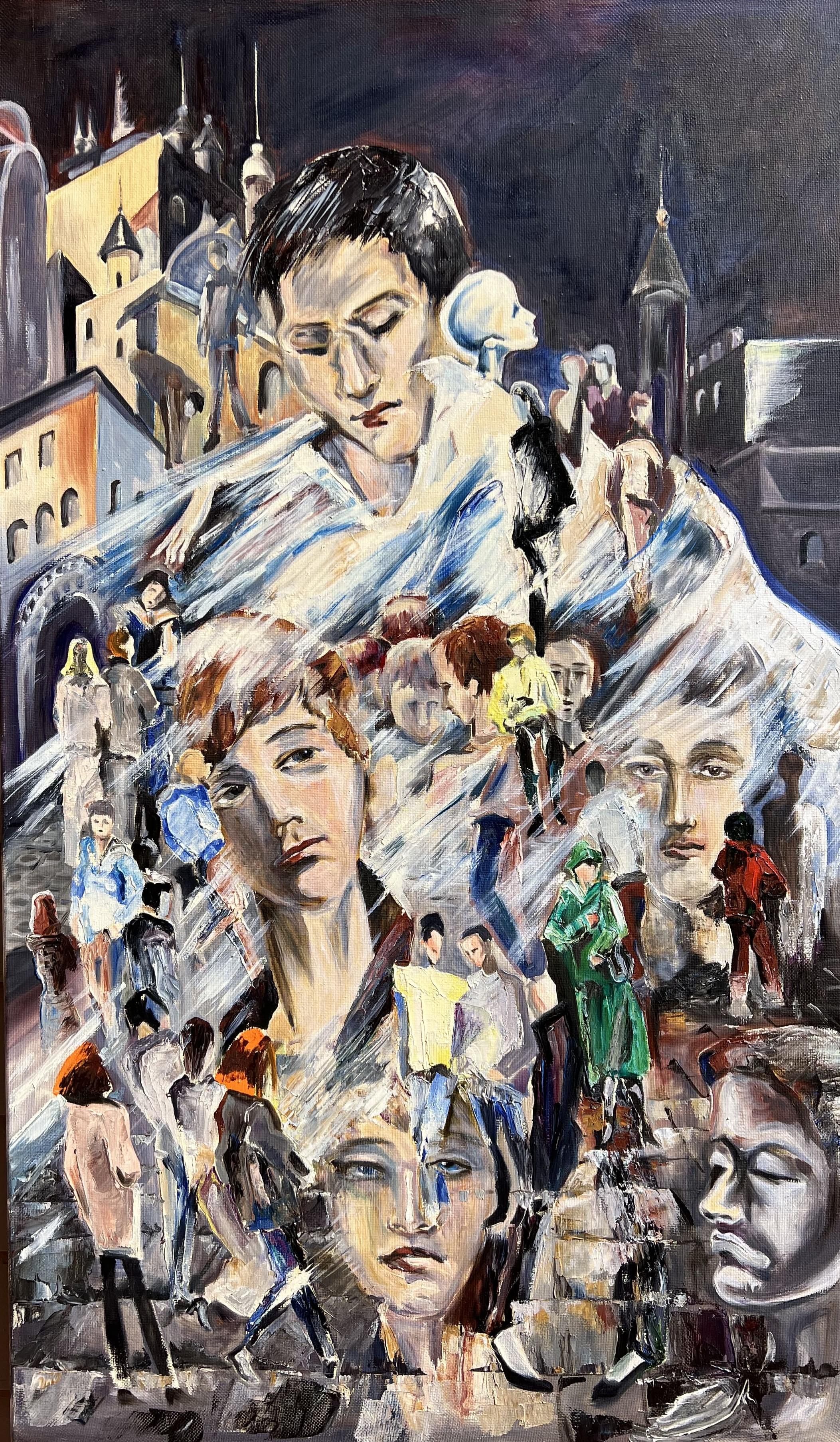 Grande pittura ad olio originale su tela arte contemporanea paesaggio urbano con molti volti - Painting Impressionismo di Unknown