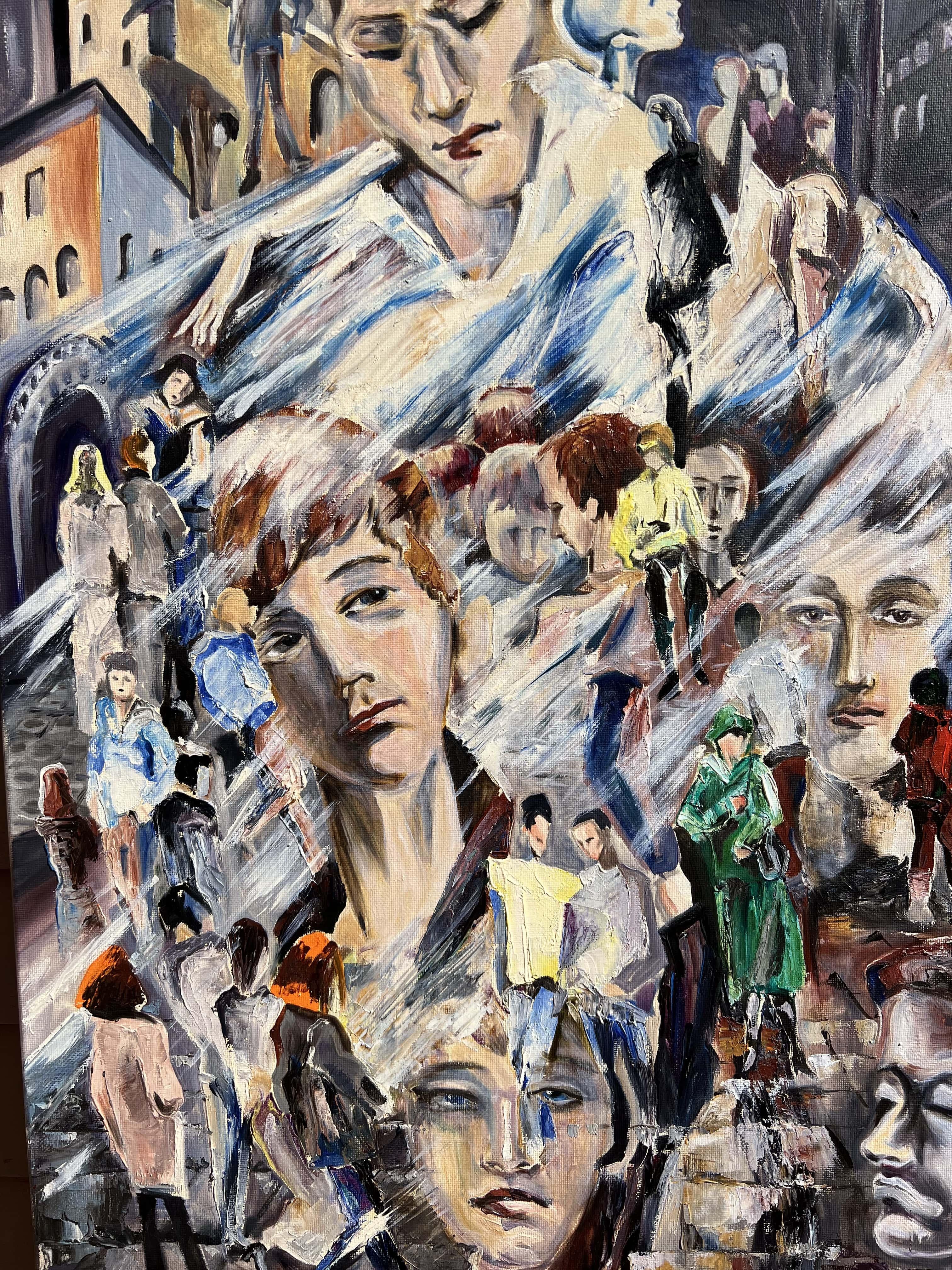 Grande pittura ad olio originale su tela arte contemporanea paesaggio urbano con molti volti - Figurative Painting Nero di Unknown