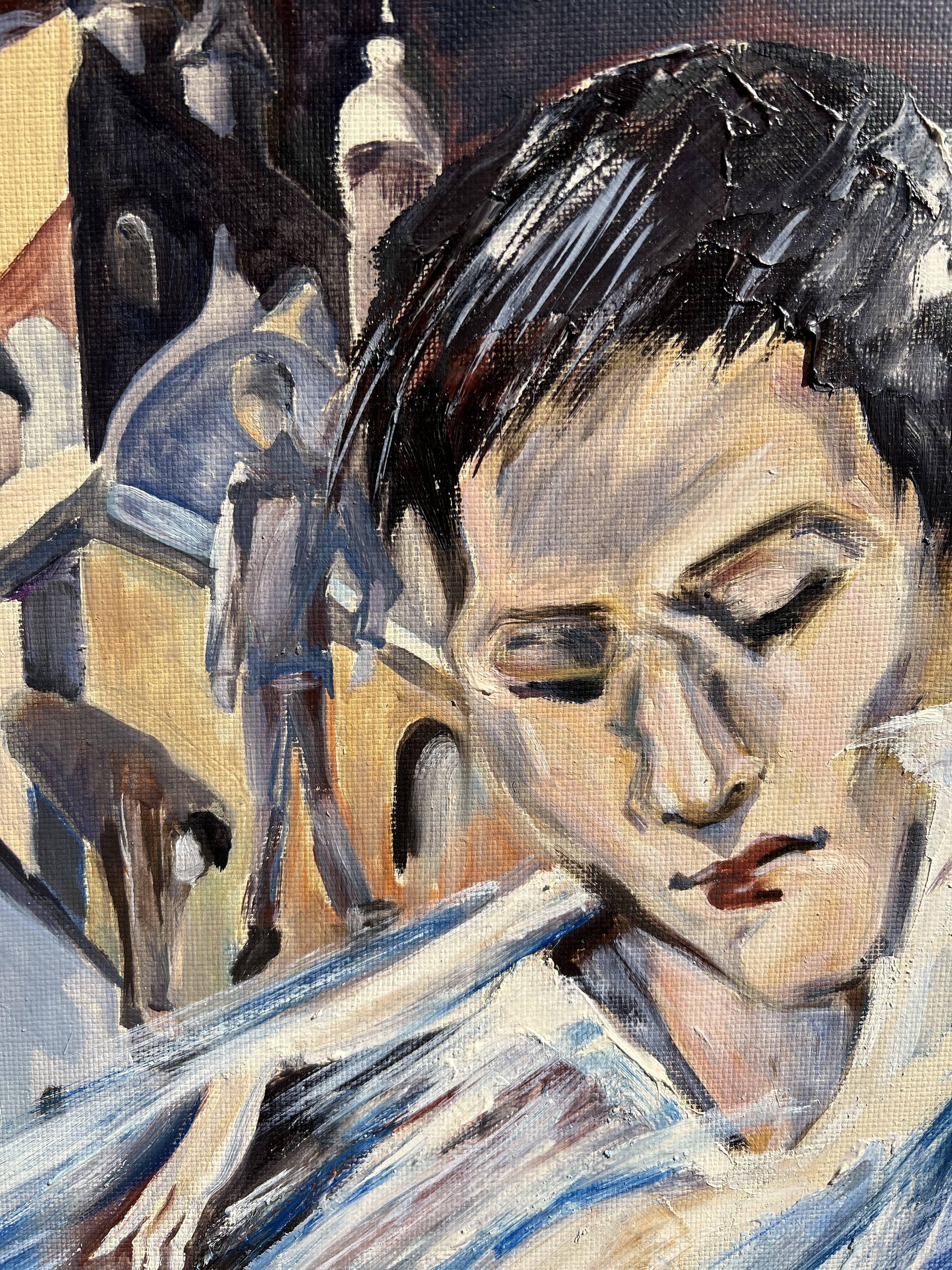 Si tratta di un sorprendente dipinto moderno di grandi dimensioni su tela, raffigurante un paesaggio urbano con molti volti in primo piano.

Il dipinto è in ottime condizioni. Non incorniciato, non firmato. Attribuito a Tom Boss, ma non ne sono
