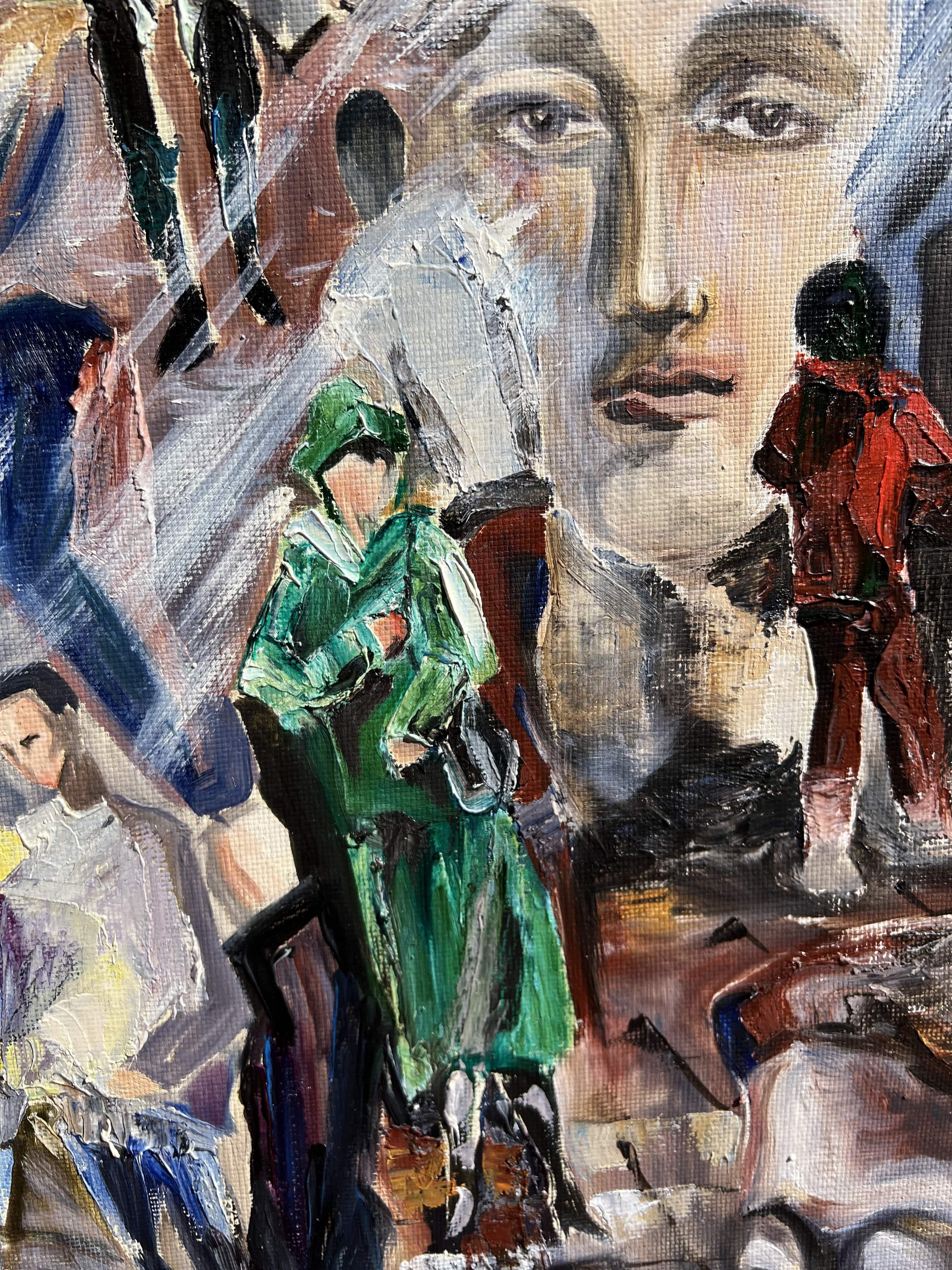 Grande pittura ad olio originale su tela arte contemporanea paesaggio urbano con molti volti in vendita 2
