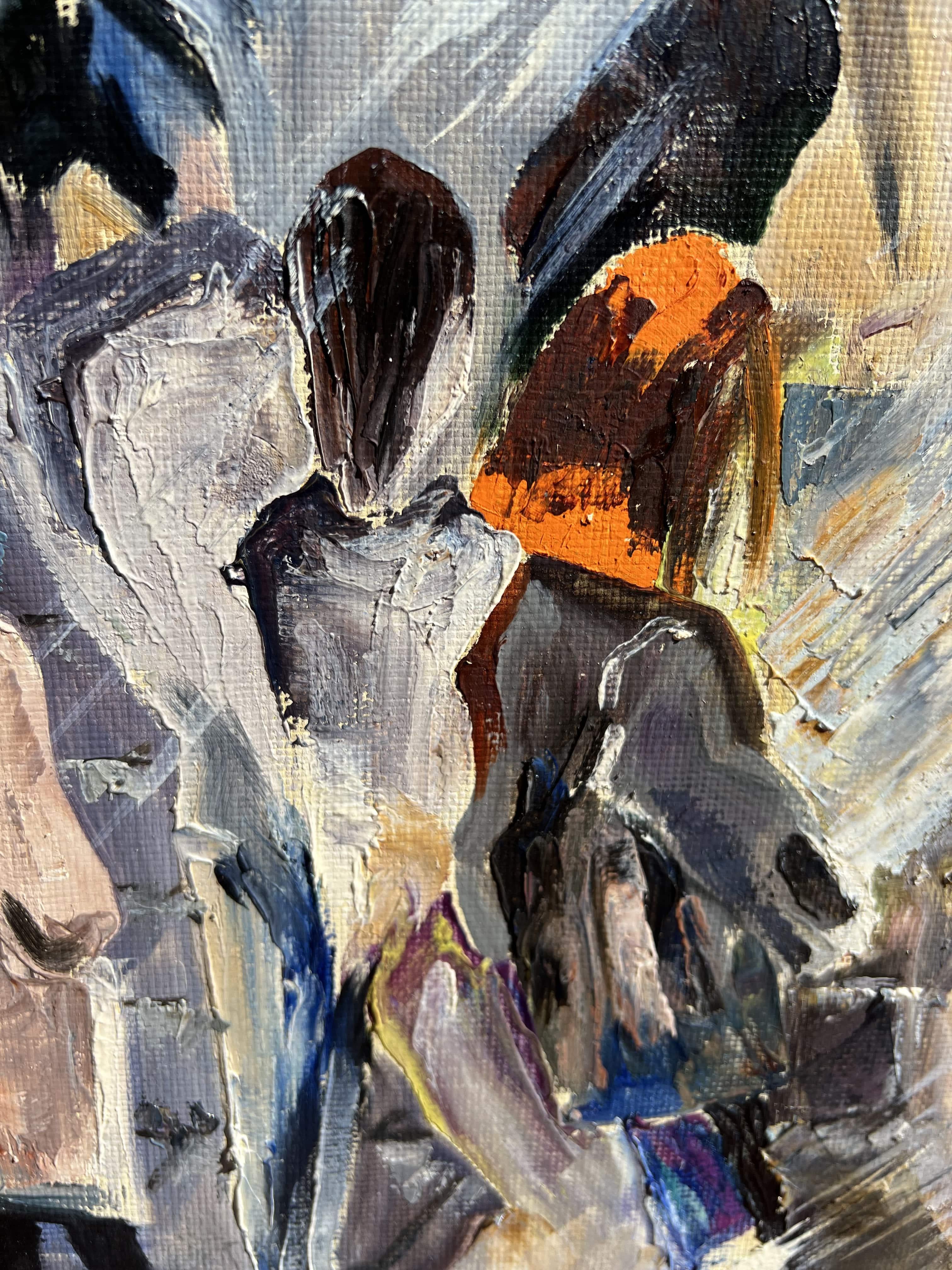 Grande pittura ad olio originale su tela arte contemporanea paesaggio urbano con molti volti in vendita 3
