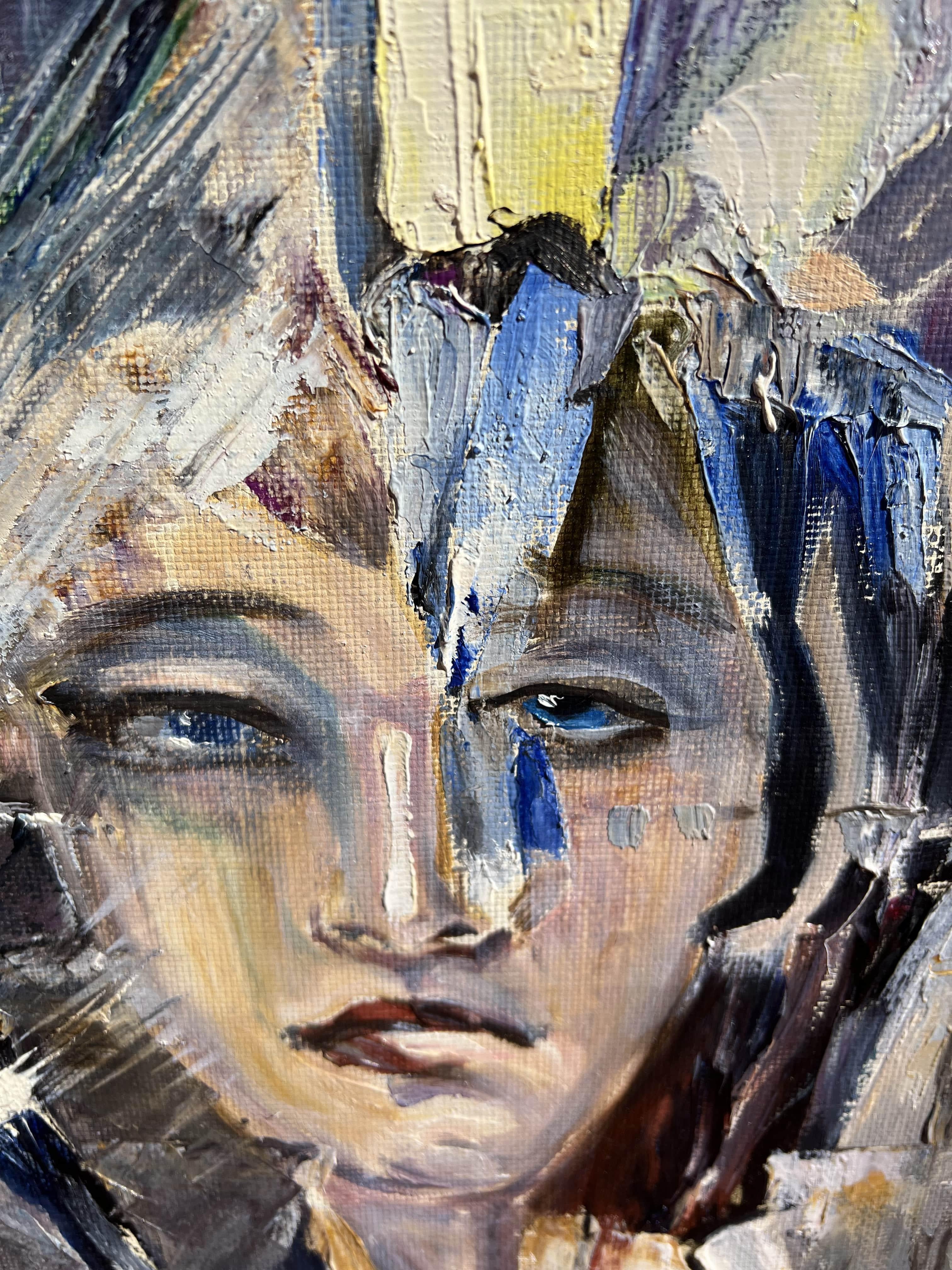 Grande pittura ad olio originale su tela arte contemporanea paesaggio urbano con molti volti in vendita 4