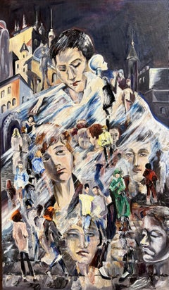 Grande pittura ad olio originale su tela arte contemporanea paesaggio urbano con molti volti
