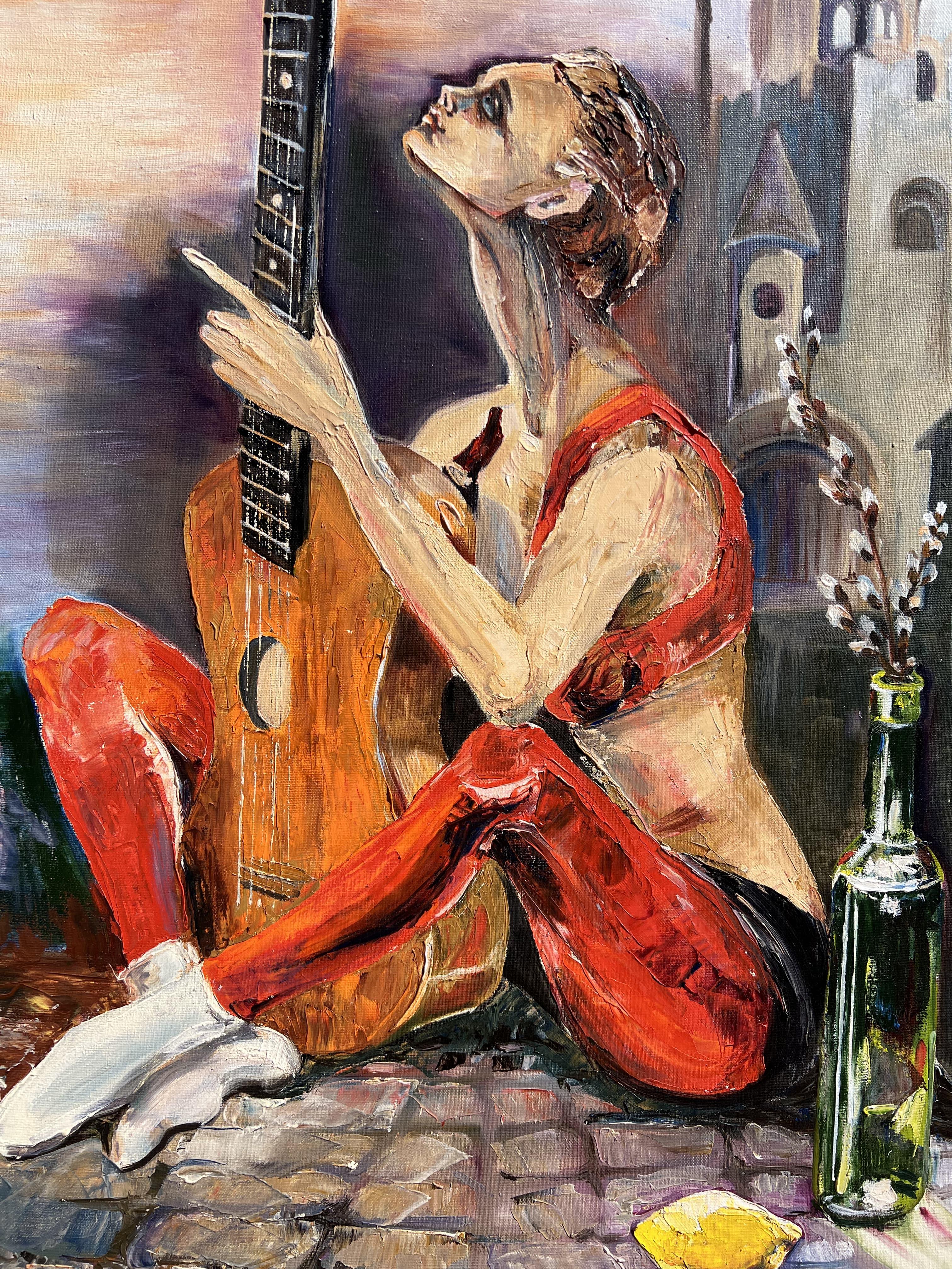 Große Original-Ölgemälde auf Leinwand zeitgenössische Kunst junge Frau mit einer Gitarre (Impressionismus), Painting, von Unknown