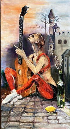 Vintage Large Original Oil Painting on canvas contemporary Art young woman with a guitar